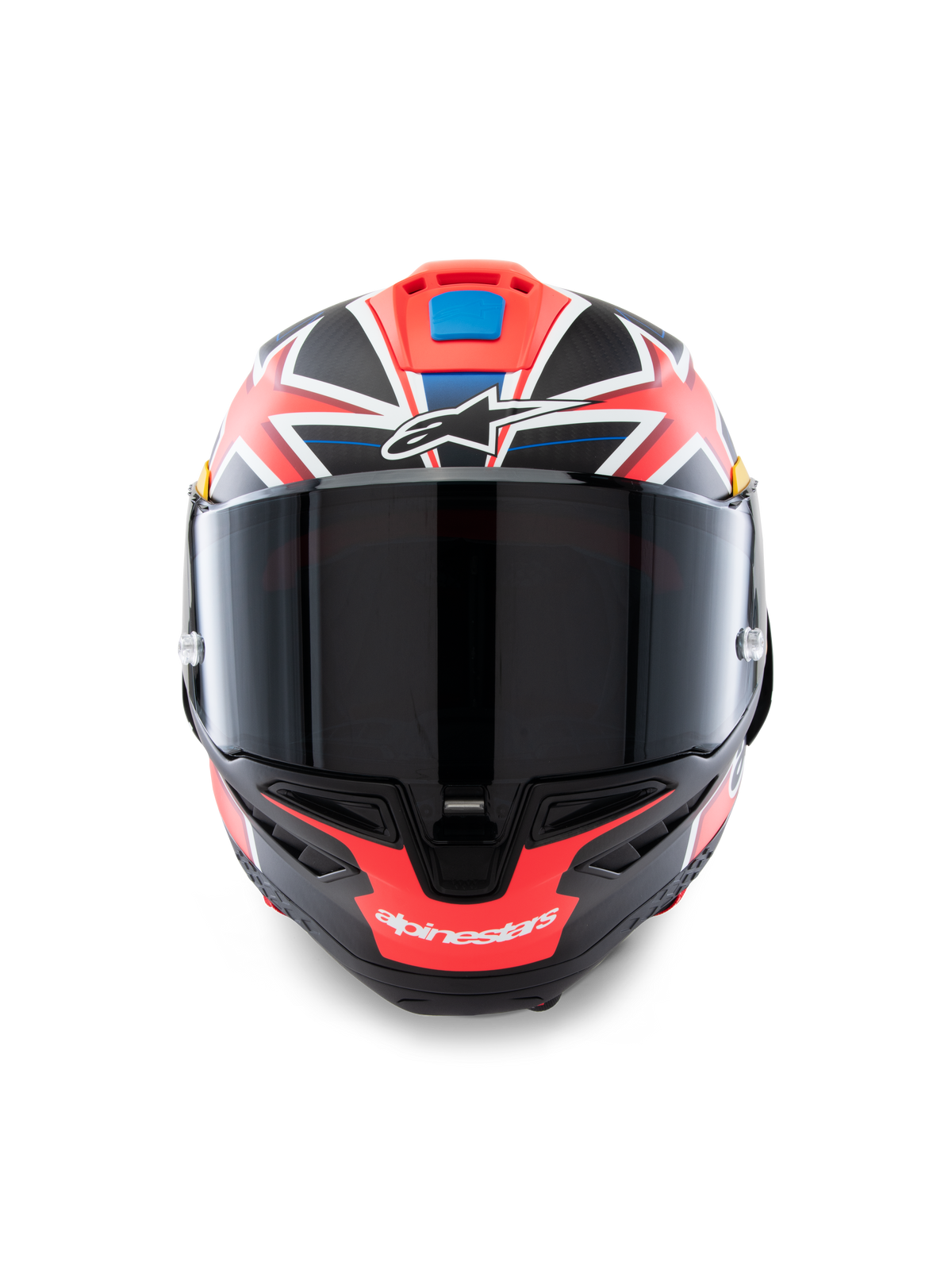 Capacete Alpinestars Supertech R10 Miller Limited Edition, vista frontal, capacete integral de motociclismo de competição com grafismo Carbon Red Matt e detalhes em branco e azul, viseira fumada escura, design de assinatura de Jack Miller, construção aerodinâmica da carcaça em carbono
