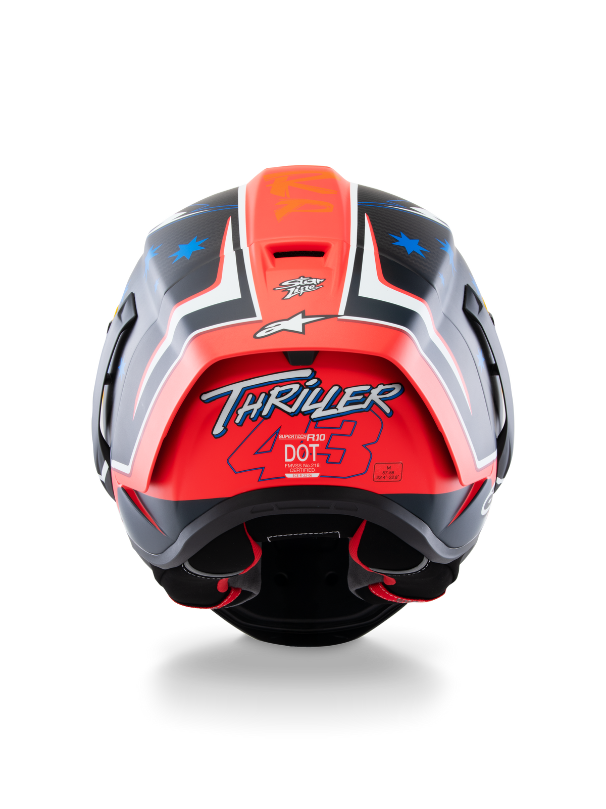 Alpinestars Supertech R10 Miller Limited Edition Helmet, capacete de corrida integral, Carbon Red Matt com gráficos de estrelas azuis, vista traseira destacando o logótipo 'Thriller 43' no spoiler vermelho, design aerodinâmico com etiquetas de certificação