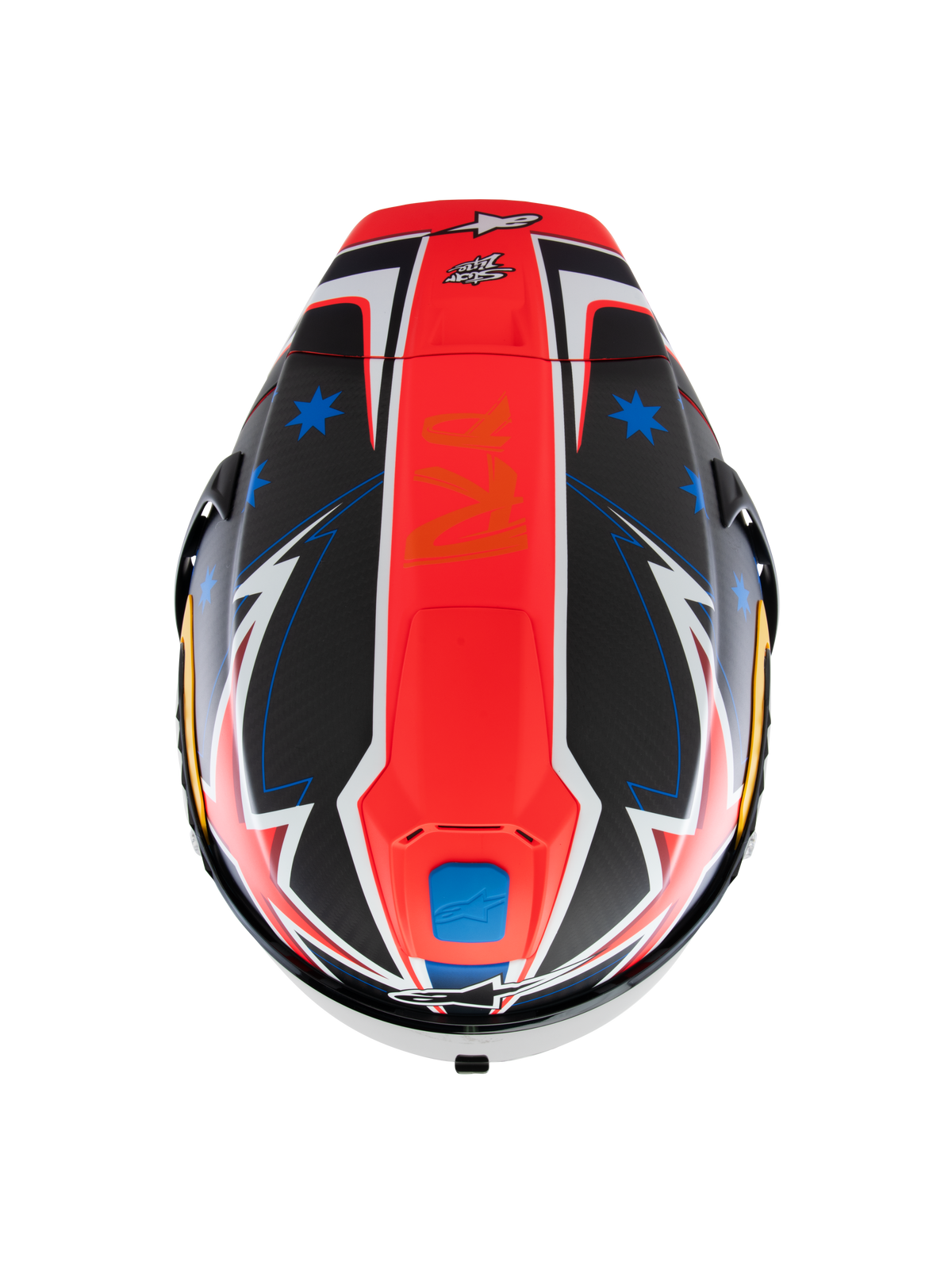Capacete Alpinestars Supertech R10 Miller Limited Edition, vista superior, gráfico Carbon Red Matt com uma risca central vermelha, estrelas azuis em secções de fibra de carbono preta, detalhes brancos e azuis em estilo relâmpago, design aerodinâmico de corrida para desempenho em pista.