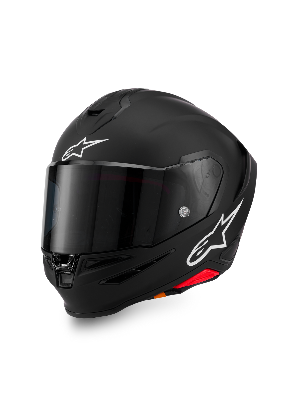 Capacete Alpinestars S-R7 Solid, capacete integral de motociclismo, preto mate com logótipos A-star brancos na testa e na lateral, viseira fumada escura, design de casco aerodinâmico para corrida e condução desportiva