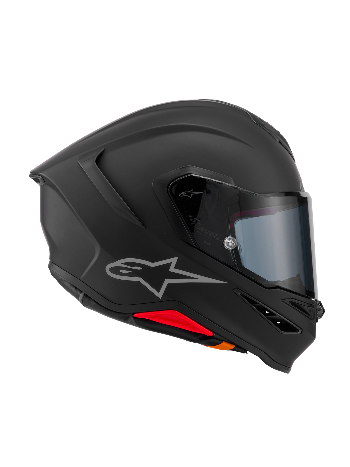 Capacete Alpinestars S-R7 Solid, capacete de motociclismo integral, preto mate, vista de perfil lateral mostrando a calota em compósito de carbono com spoiler traseiro, logótipo Astars prateado e viseira transparente, equipamento para desporto e competição