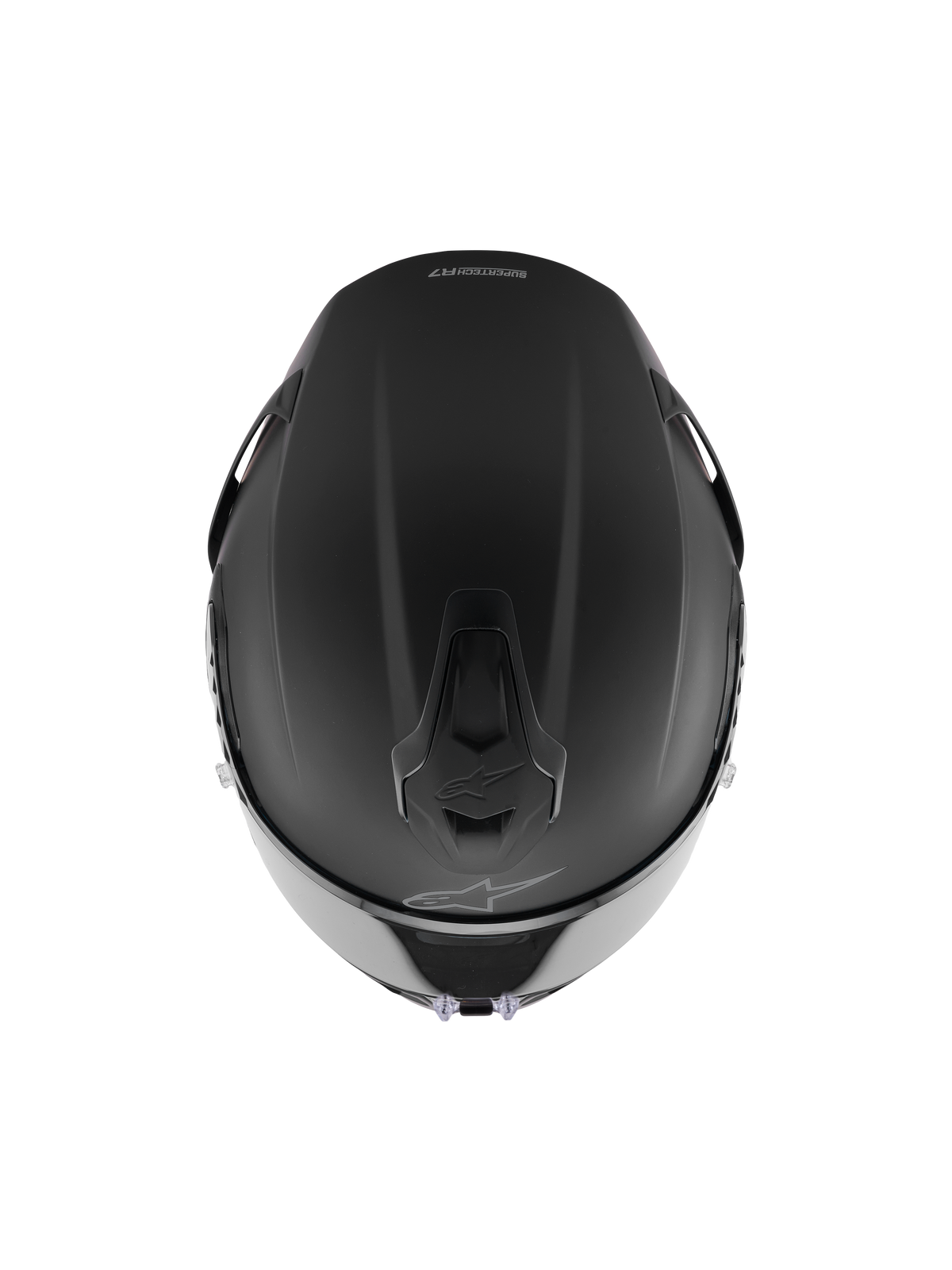 Capacete Alpinestars S-R7 Solid, capacete integral de corrida, preto mate, vista superior mostrando a construção aerodinâmica do casco, aberturas de ventilação integradas e logótipo Alpinestars subtil