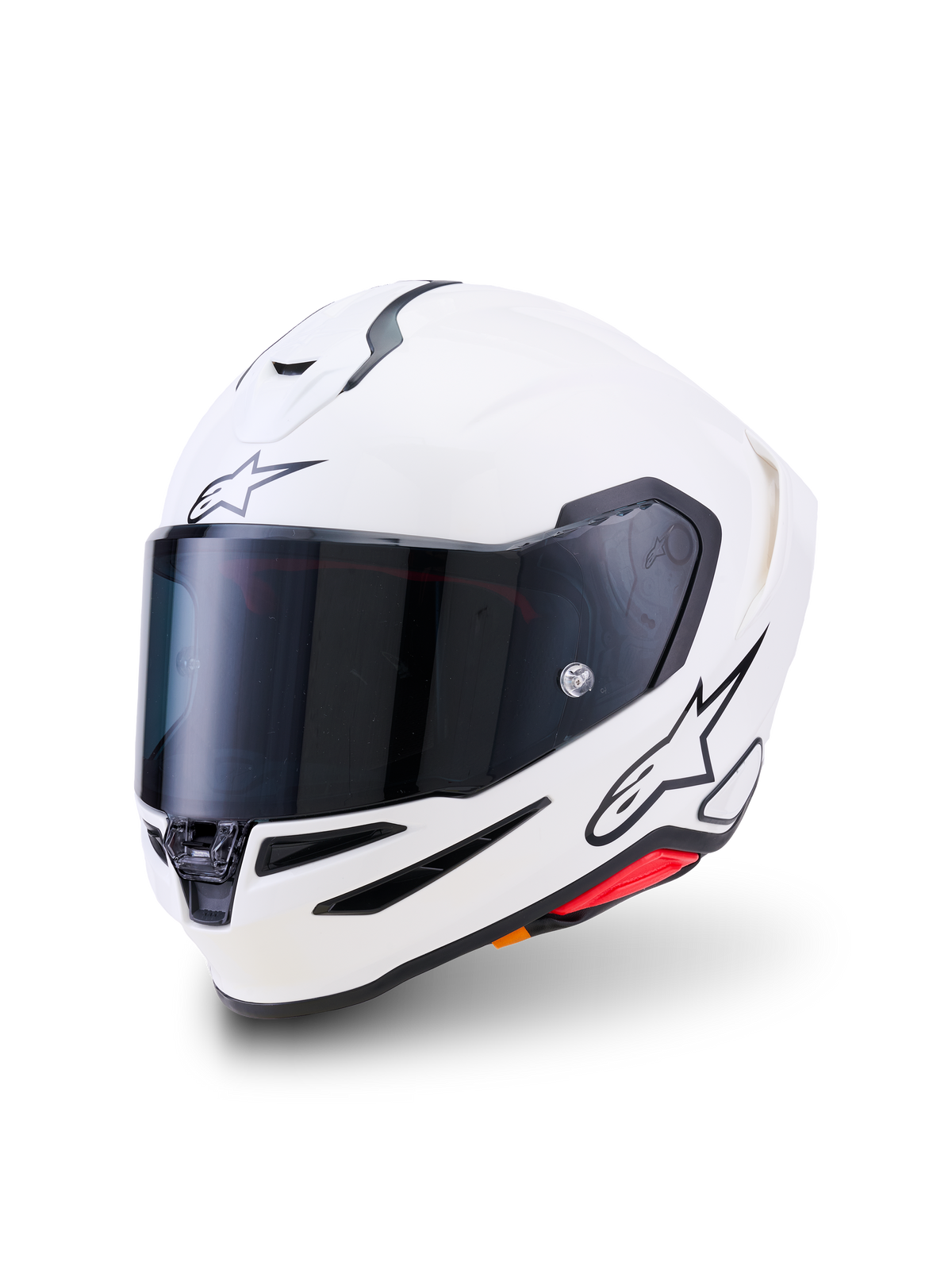 Capacete Alpinestars S-R7 Solid, capacete de motociclismo integral, branco brilhante, viseira fumada escura, logótipo de estrela preto na testa e na lateral, calota aerodinâmica com aberturas de ventilação e detalhes vermelhos, equipamento de alta performance para pista e estrada