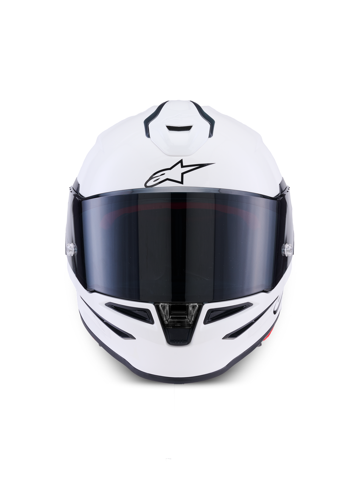 Capacete Alpinestars S-R7 Solid, capacete integral de motociclismo, branco brilhante, vista frontal com viseira escura fumada, casco aerodinâmico com aberturas de ventilação integradas, equipamento profissional de corrida e desporto