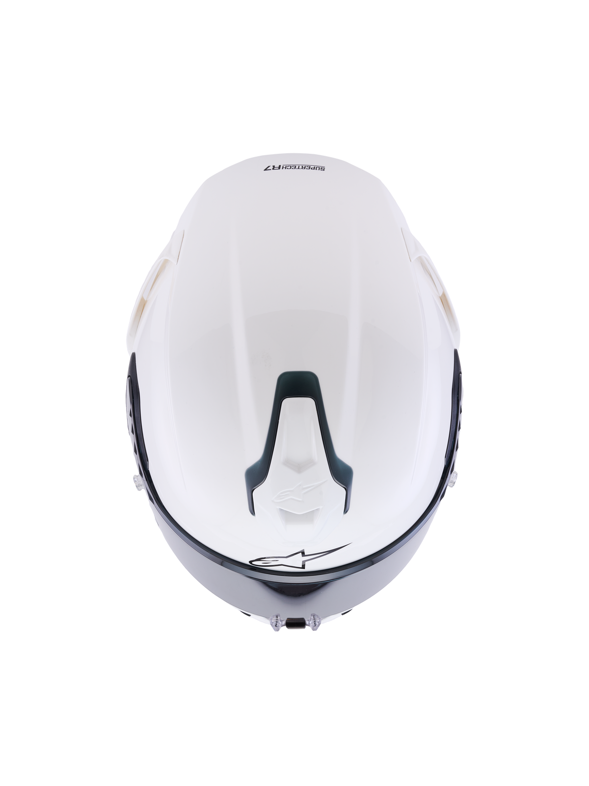 Capacete Alpinestars S-R7 Solid, capacete de motociclista integral em branco brilhante, vista superior a mostrar a calota aerodinâmica, entrada de ventilação superior deslizante com detalhes pretos e o logótipo de estrela icónico, design elegante inspirado na competição para estabilidade em alta velocidade