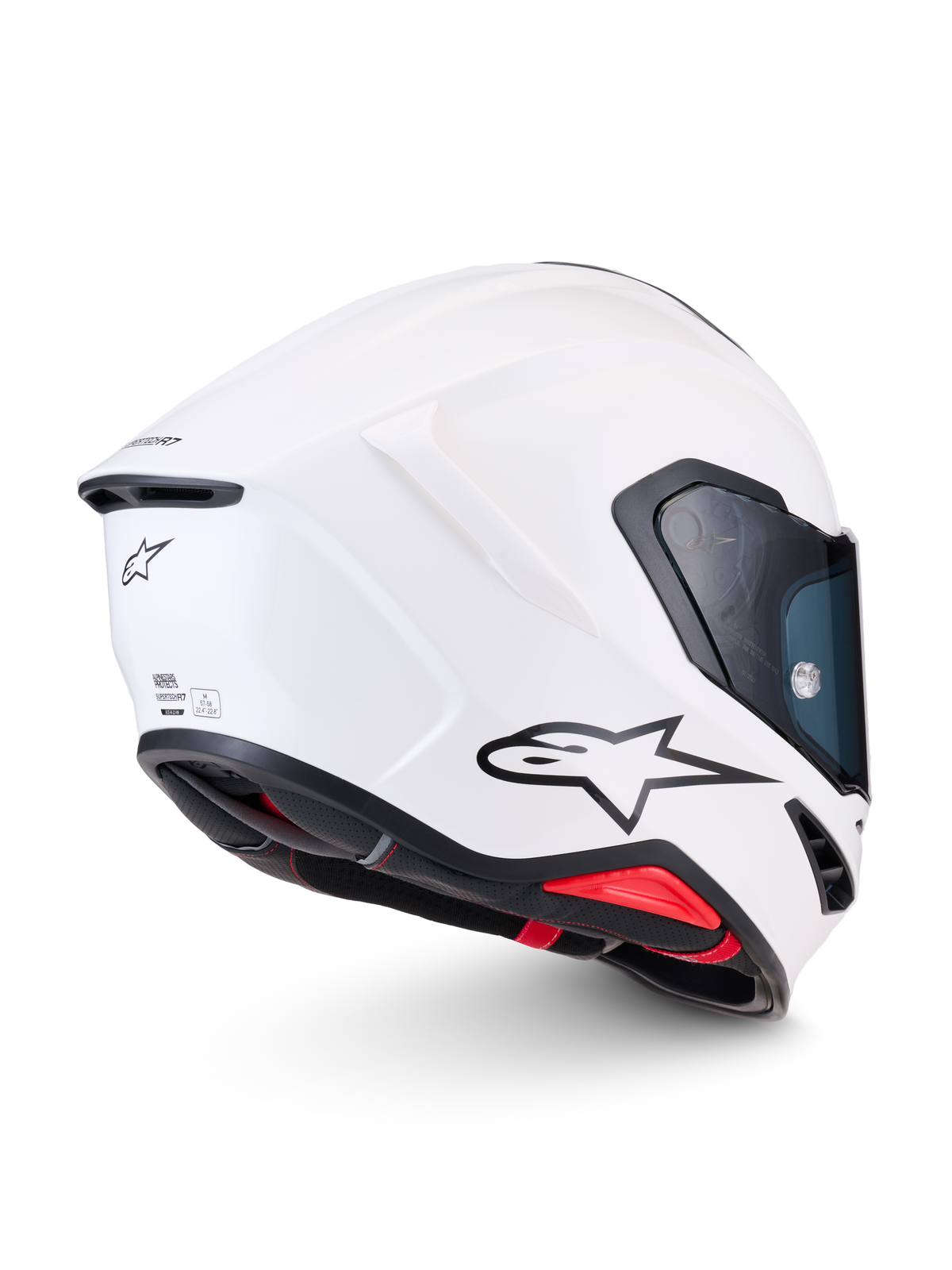 Alpinestars Capacete S-R7 Solid ECE 22.06, capacete integral de moto para corrida, branco brilhante, vista lateral e traseira a mostrar o casco aerodinâmico em compósito de carbono, logótipo A-star preto e detalhes de certificação ECE 22.06