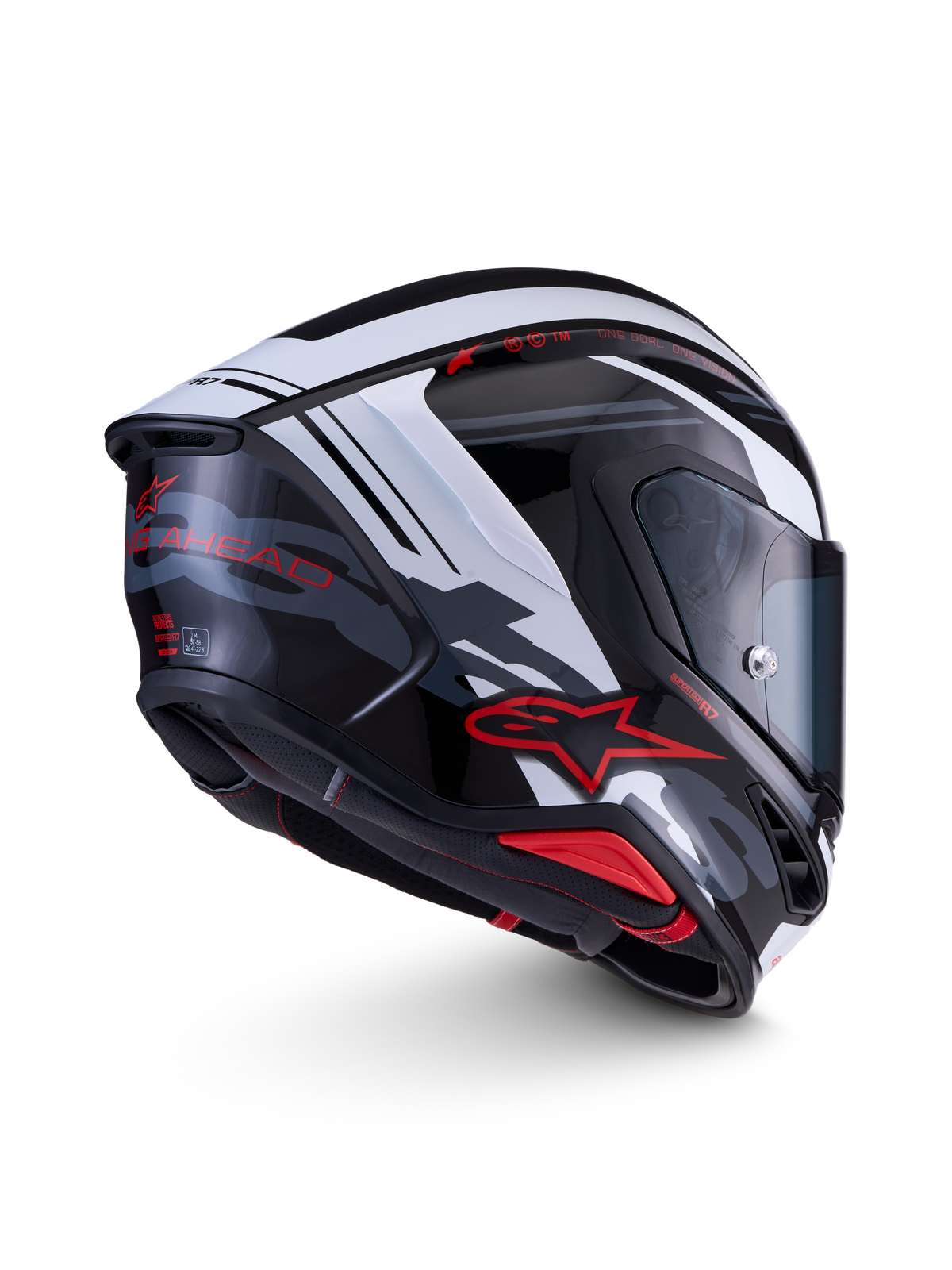 Alpinestars S-R7 A-Core Helmet ECE 22.06, full face motorcycle racing helmet, Black White and Red Glossy, carbon composite construction with advanced aerodynamics and integrated spoiler