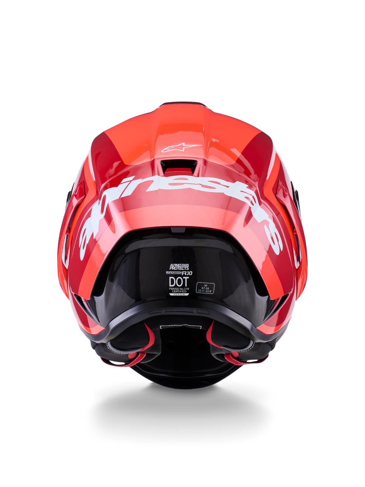 Alpinestars Supertech R10 Arius Helmet, vista traseira, design em vermelho brilhante e vermelho escuro, logótipo Alpinestars grande em branco na parte de trás, etiquetas de certificação DOT e ECE visíveis, capacete de competição aerodinâmico de alta performance