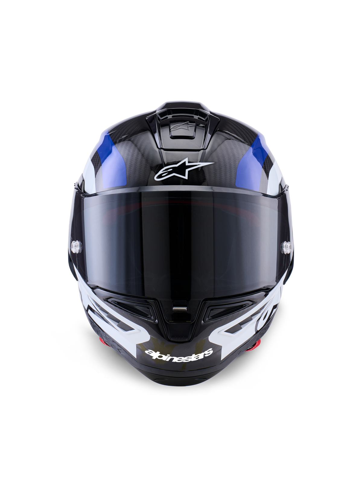 Capacete Alpinestars Supertech R10 Arius, capacete de corrida integral, preto, branco e azul brilhante, vista frontal com viseira fumada escura, textura de fibra de carbono visível no topo do casco, logótipo Alpinestars branco na testa e no queixo, design aerodinâmico para competição profissional