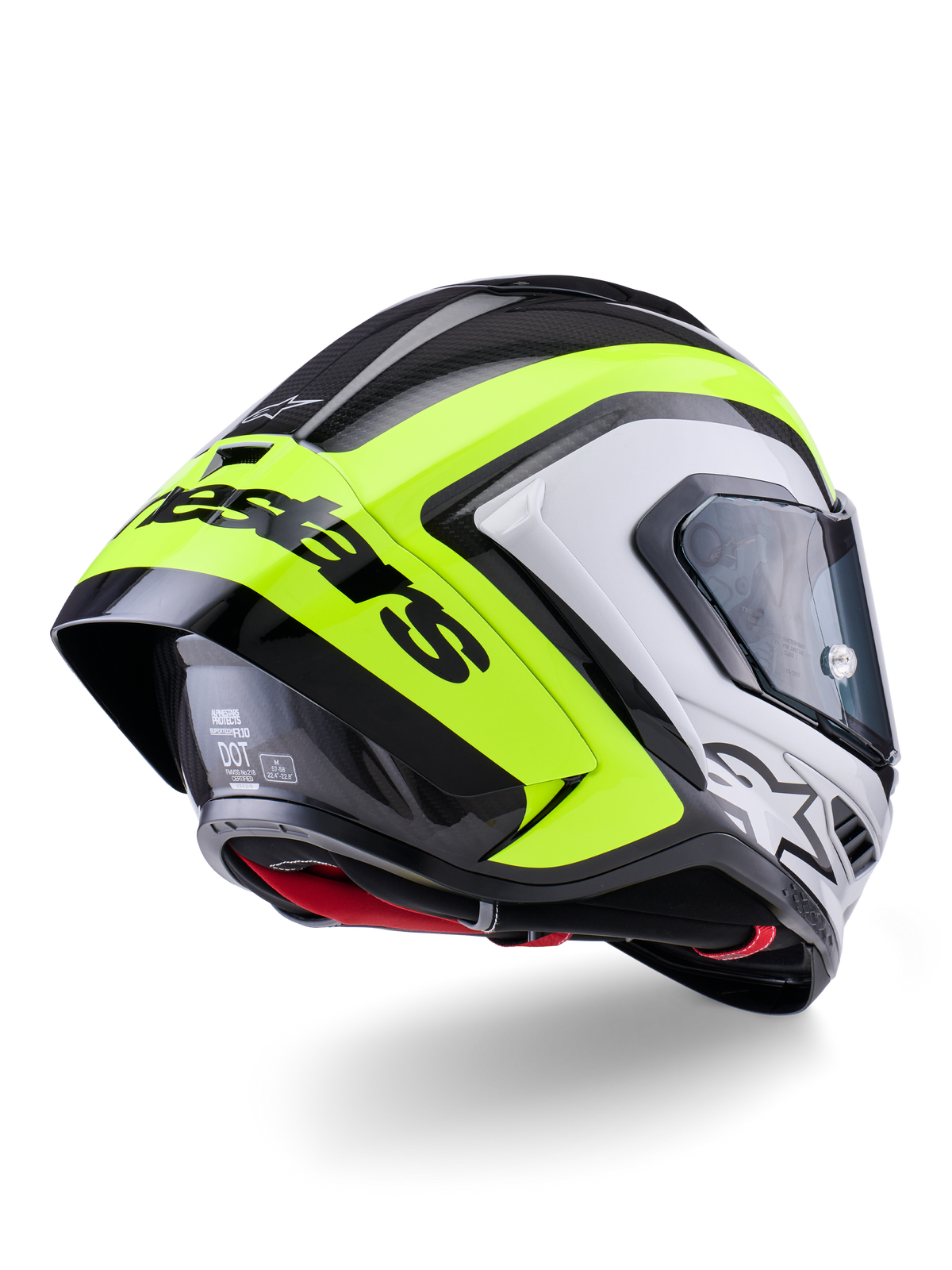 Capacete Alpinestars Supertech R10 Arius, vista traseira, preto, prateado e amarelo néon brilhante, construção da calota em fibra de carbono, spoiler aerodinâmico grande com texto Alpinestars em preto, proteção de nível de competição com design elegante