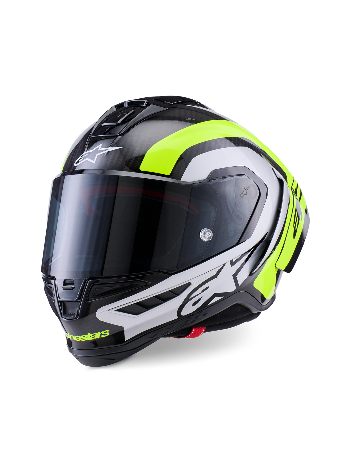 Capacete Alpinestars Supertech R10 Arius, capacete de motociclismo de corrida profissional, Carbono Preto Brilhante com detalhes em prateado e amarelo fluorescente, com viseira fumada escura, winglets aerodinâmicos e logótipo Alpinestars em destaque