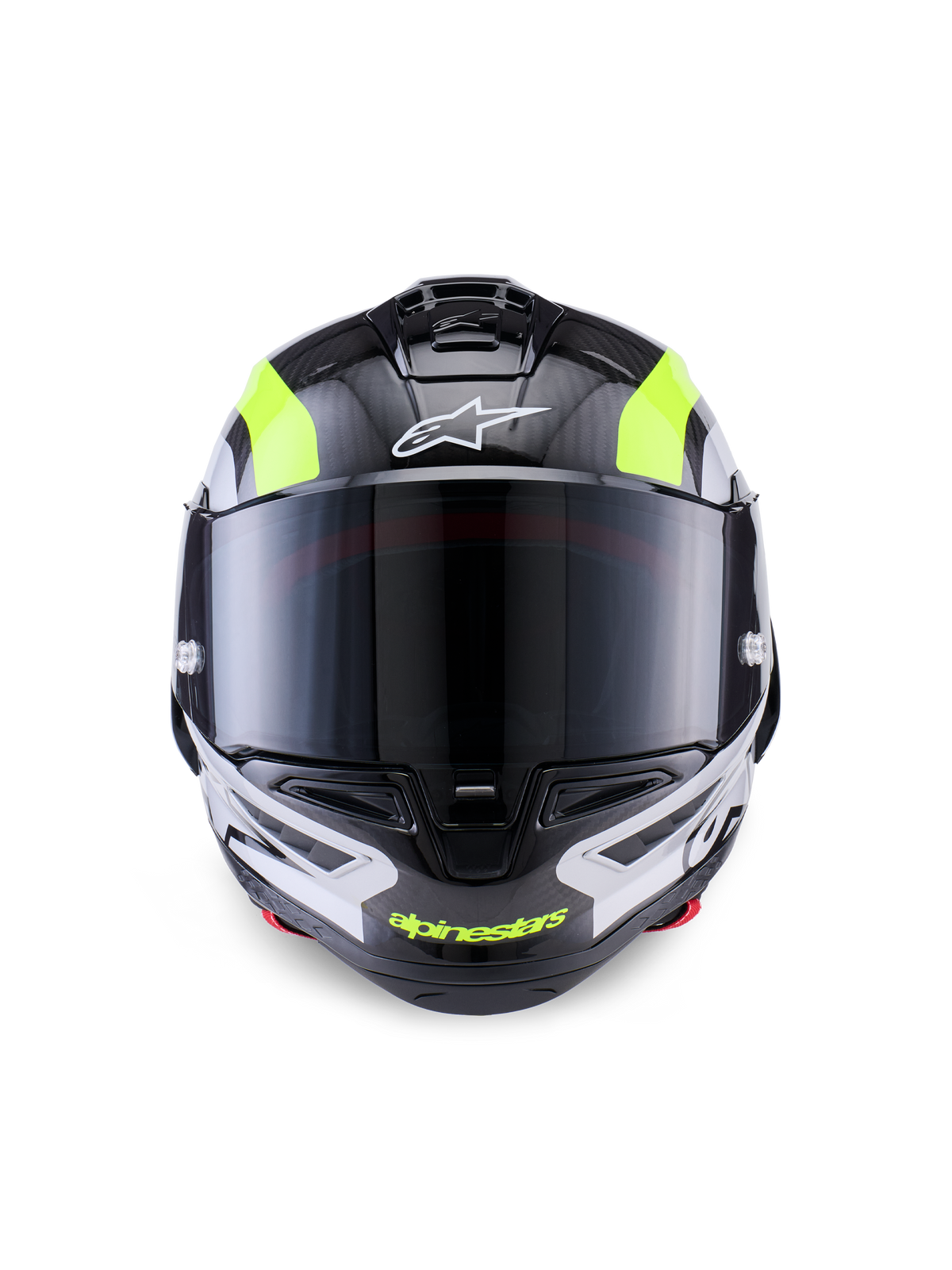Capacete Alpinestars Supertech R10 Arius, capacete de motociclismo de competição, preto, prateado e amarelo fluorescente brilhante, vista frontal com calota em fibra de carbono, viseira fumada escura e sistema de ventilação integrado