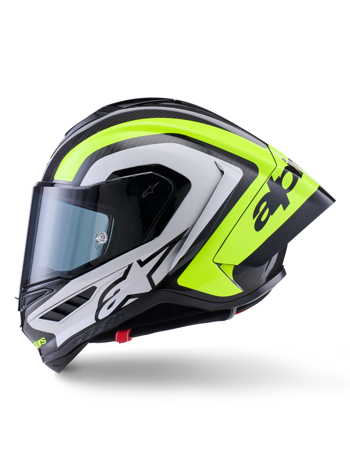 Capacete Alpinestars Supertech R10 Arius, capacete de motociclismo de corrida, preto, prata e amarelo fluo brilhante, vista lateral, com spoiler traseiro aerodinâmico, construção em fibra de carbono, logótipos em destaque e viseira fumada