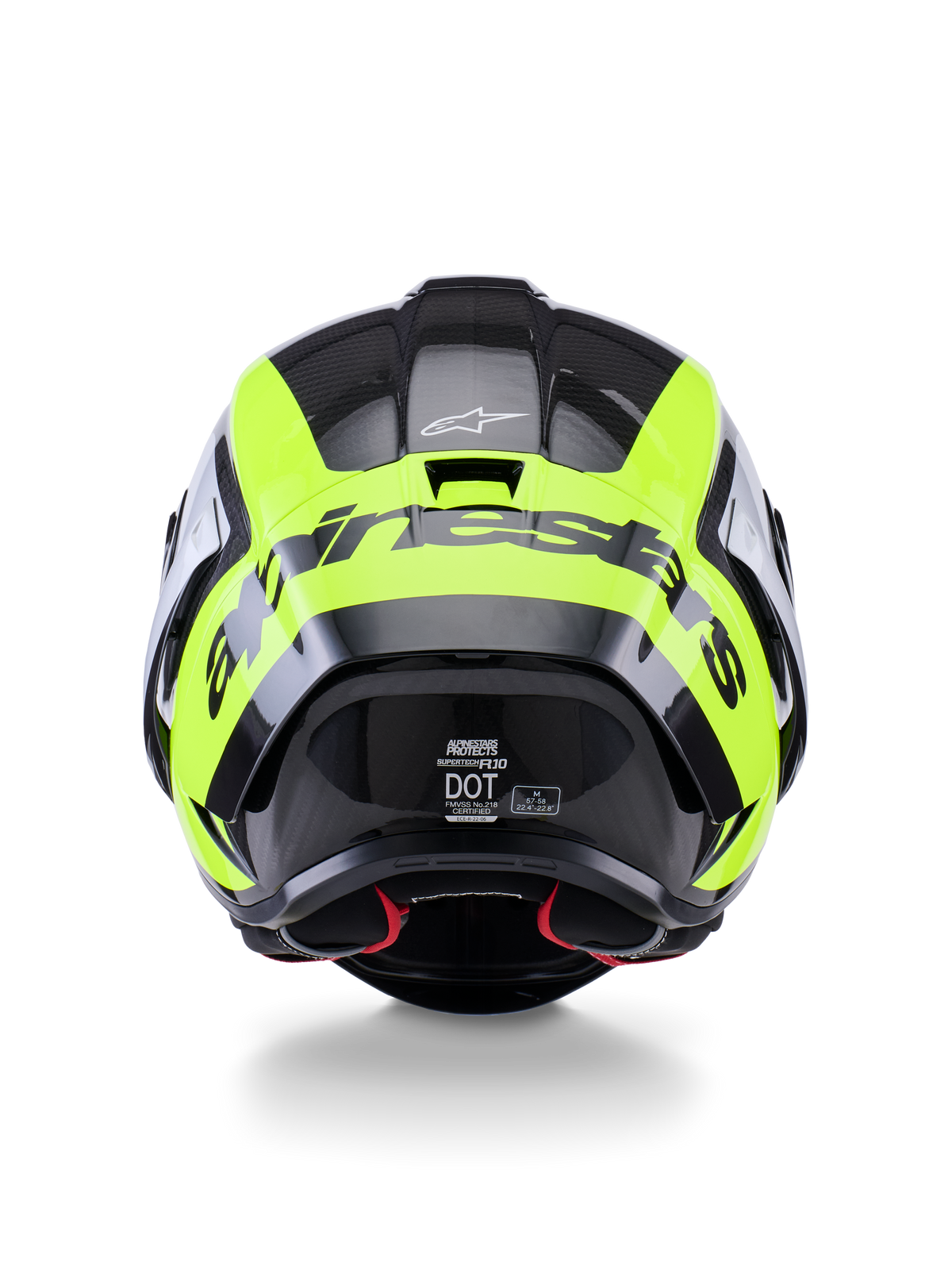 Capacete Alpinestars Supertech R10 Arius, vista traseira, preto, prateado e amarelo fluorescente brilhante, capacete de corrida de alto desempenho com calota em carbono multi-compósito, design aerodinâmico e logótipo arrojado da marca na parte traseira.