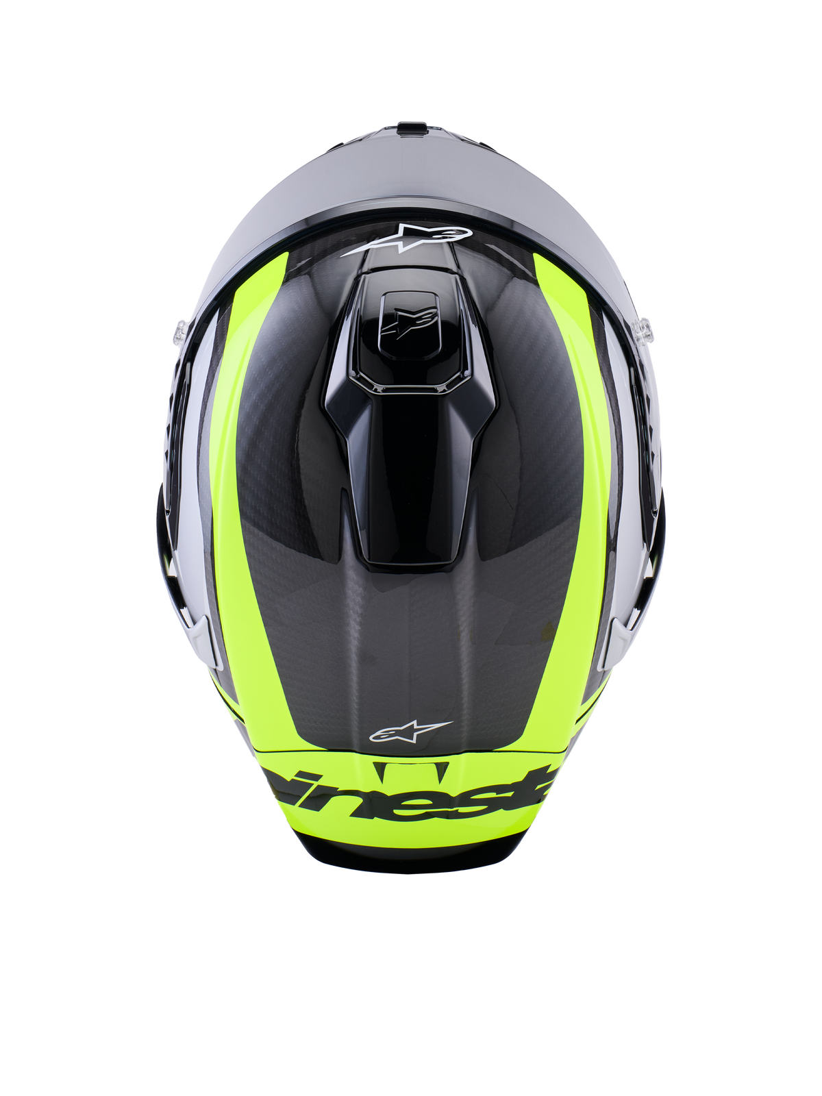 Capacete Alpinestars Supertech R10 Arius, vista superior, em preto, prata e amarelo fluorescente brilhante, casco em fibra de carbono com riscas amarelas fluorescentes vibrantes, aberturas de ventilação superiores aerodinâmicas e marca Alpinestars, capacete de competição de alta performance