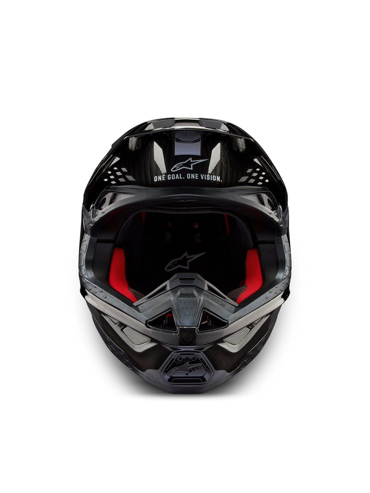 Alpinestars Supertech M10 Solid Helmet ECE 22.06, front view motocross helmet in Black Glossy Carbon with red interior padding and ventilation ports