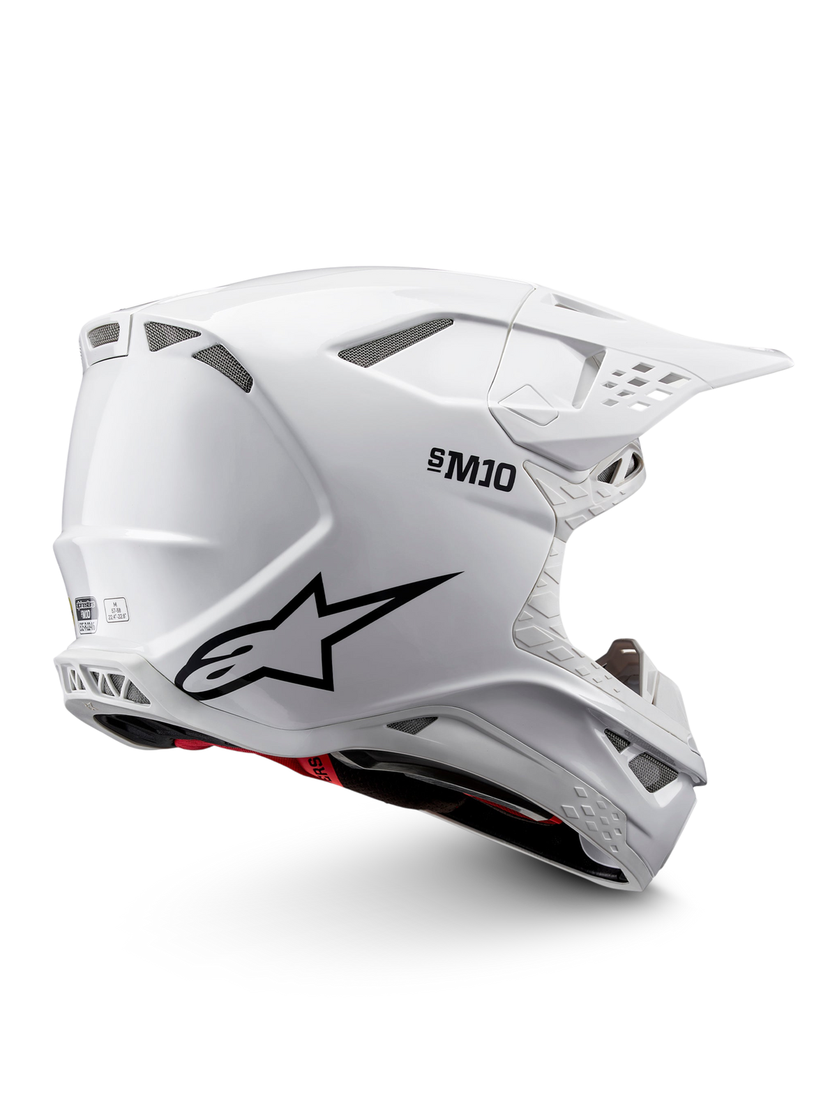 Alpinestars Supertech M10 Solid ECE 22.06, capacete de motocross branco brilhante com gráficos pretos, detalhes vermelhos, entradas de ventilação e pala