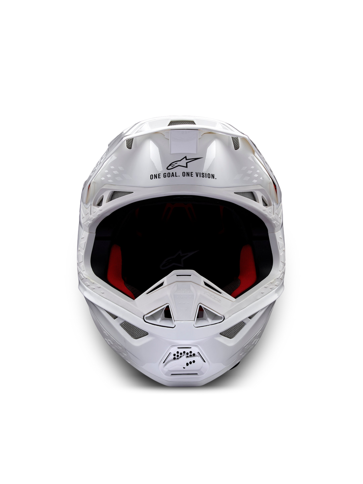 Alpinestars Supertech M10 Solid ECE 22.06, capacete de motocross branco brilhante, vista frontal com forro interior preto e almofadas laterais vermelhas