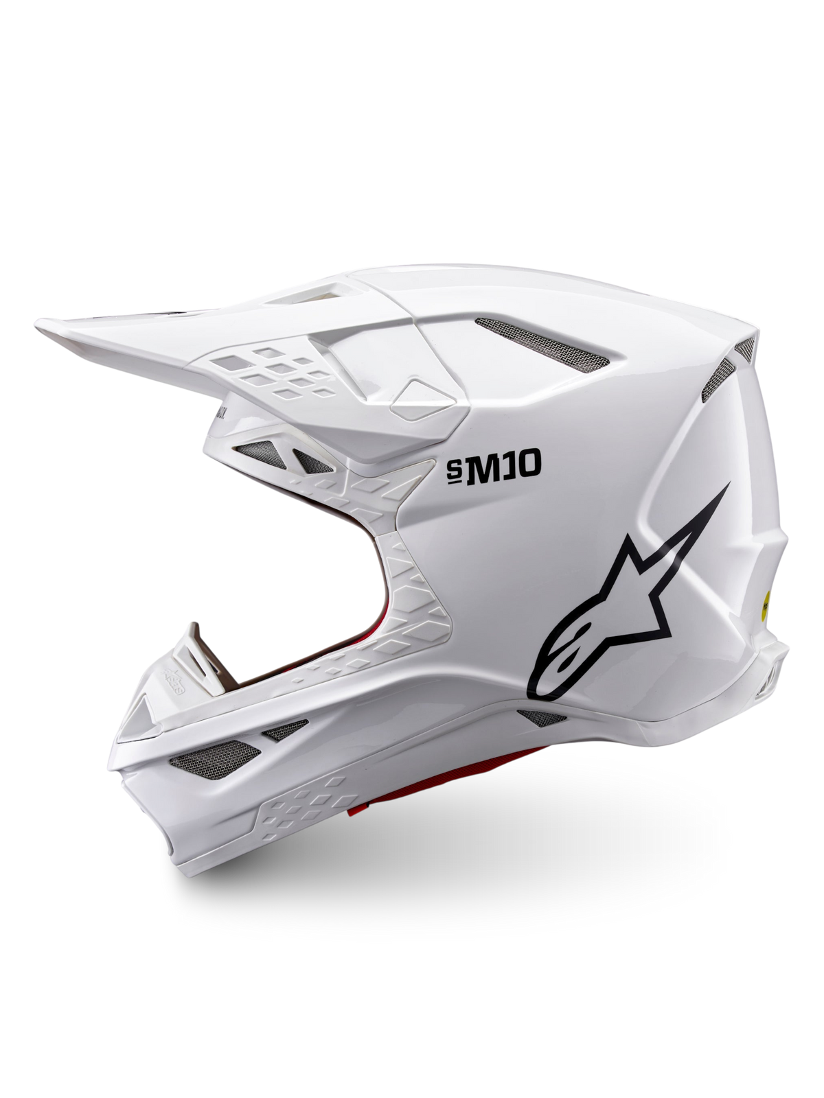 Alpinestars Supertech M10 Solid ECE 22.06, capacete de motocross branco brilhante com logótipo preto, perfil lateral e várias entradas de ventilação
