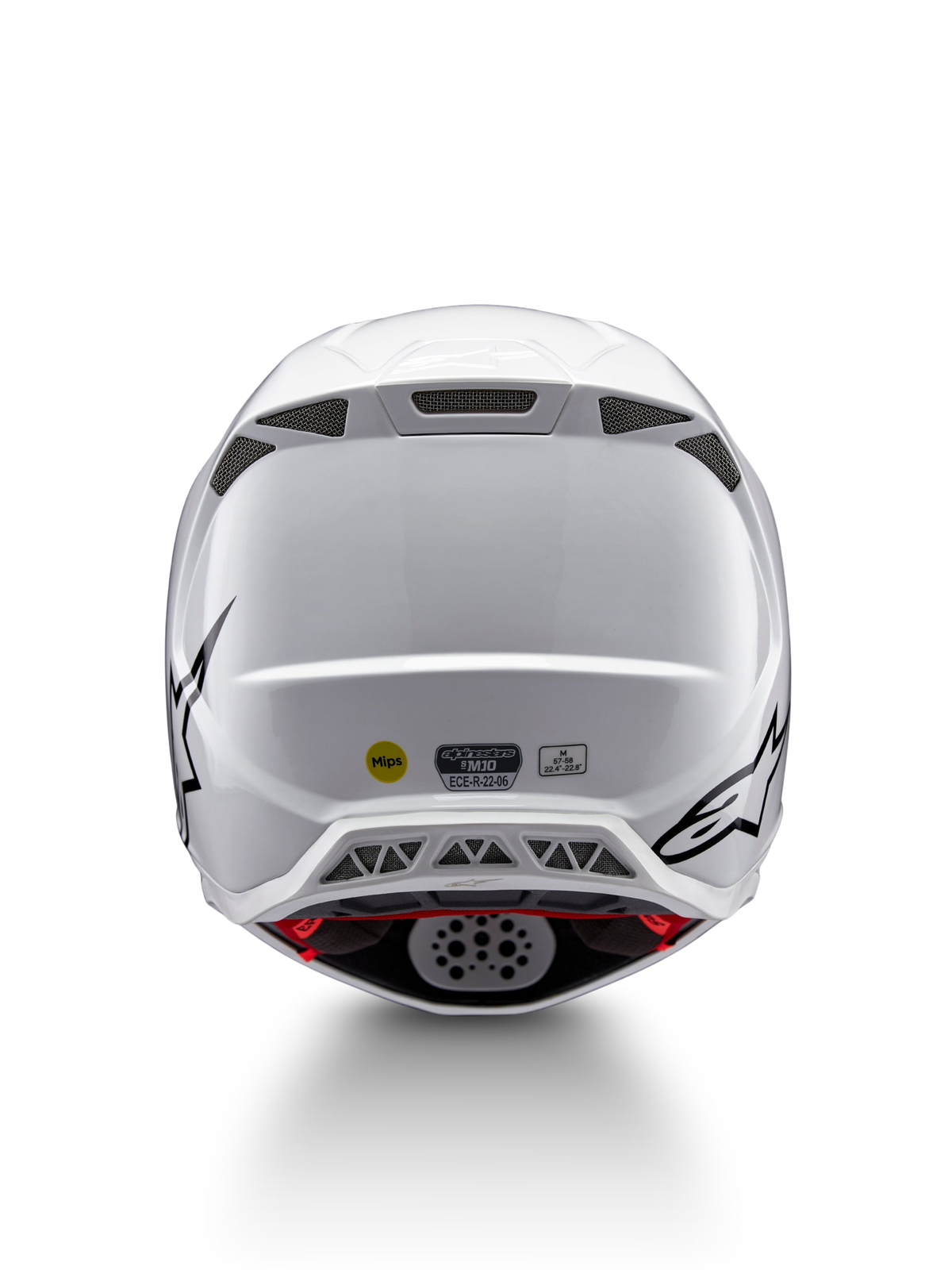 Alpinestars Capacete Supertech M10 Solid ECE 22.06, capacete de motocross branco brilhante com gráficos pretos, vista traseira, tamanho M, entradas de ventilação, sistema MIPS e certificação ECE 22.06