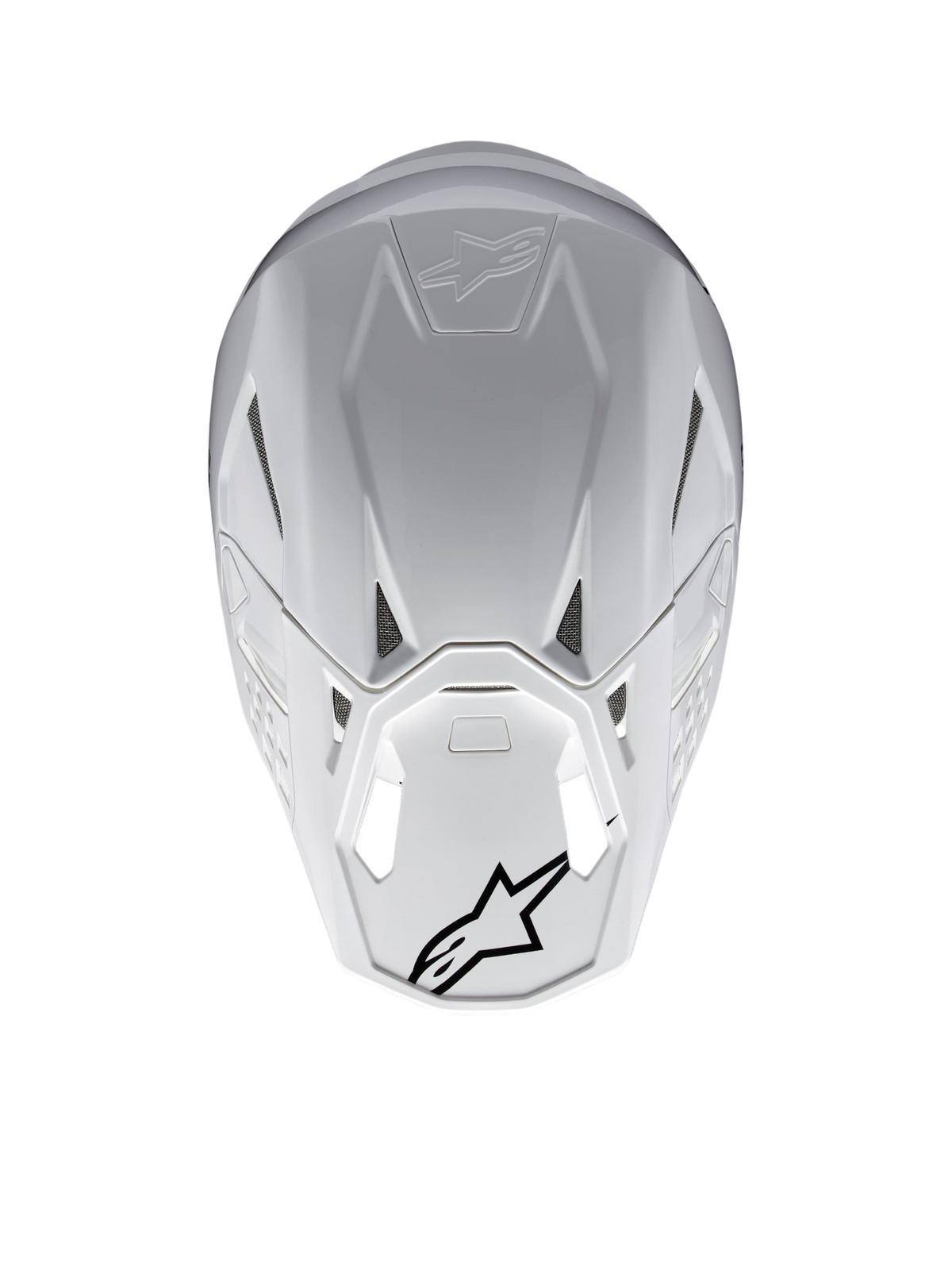 Alpinestars Supertech M10 Solid ECE 22.06, capacete de motocross branco brilhante, vista traseira com entradas de ventilação e logótipos Alpinestars pretos, calota em compósito de carbono e aramida