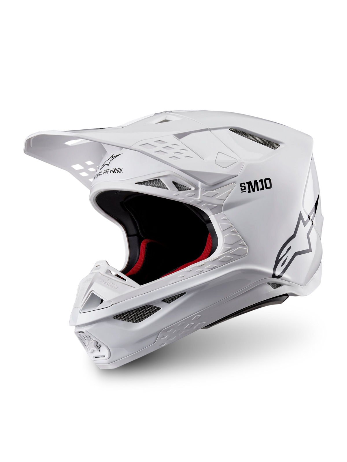 Alpinestars Supertech M10 Solid ECE 22.06, capacete de motocross branco brilhante com forro interior preto e vermelho, pala, entradas de ventilação e vista de três quartos