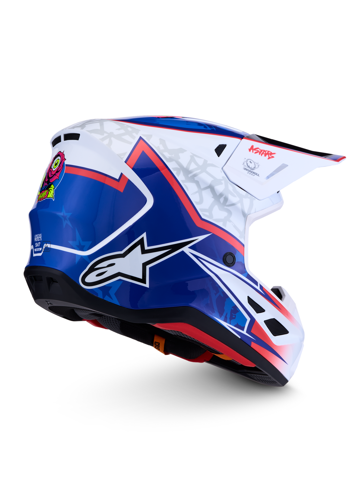 Alpinestars S-M7 Blaster, capacete de motocross off-road, azul e branco com detalhes vermelhos e calota aerodinâmica.