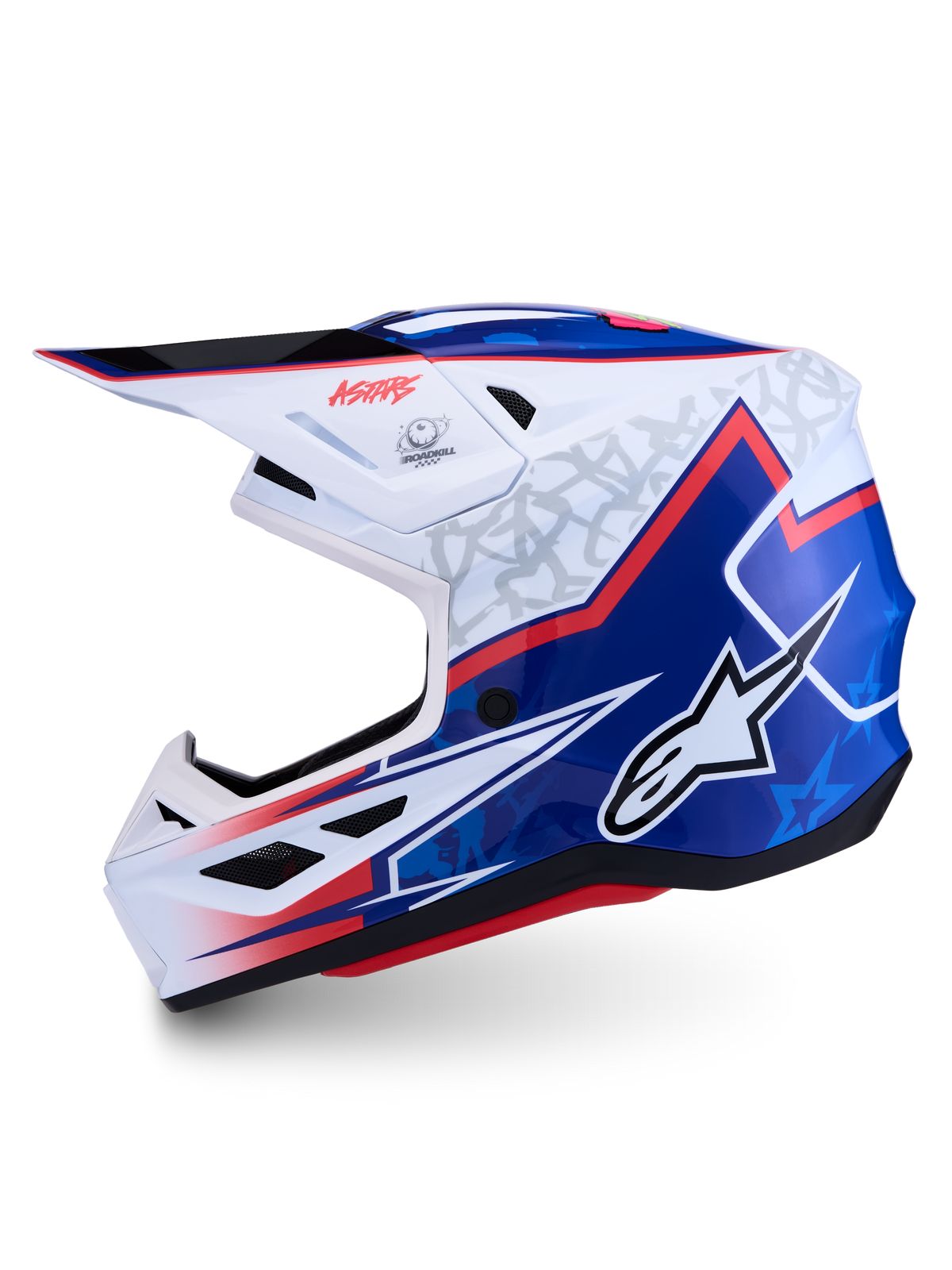 Alpinestars S-M7 Blaster, capacete de motocross off-road, branco e azul com pormenores vermelhos, acabamento brilhante, certificado ECE 22.06