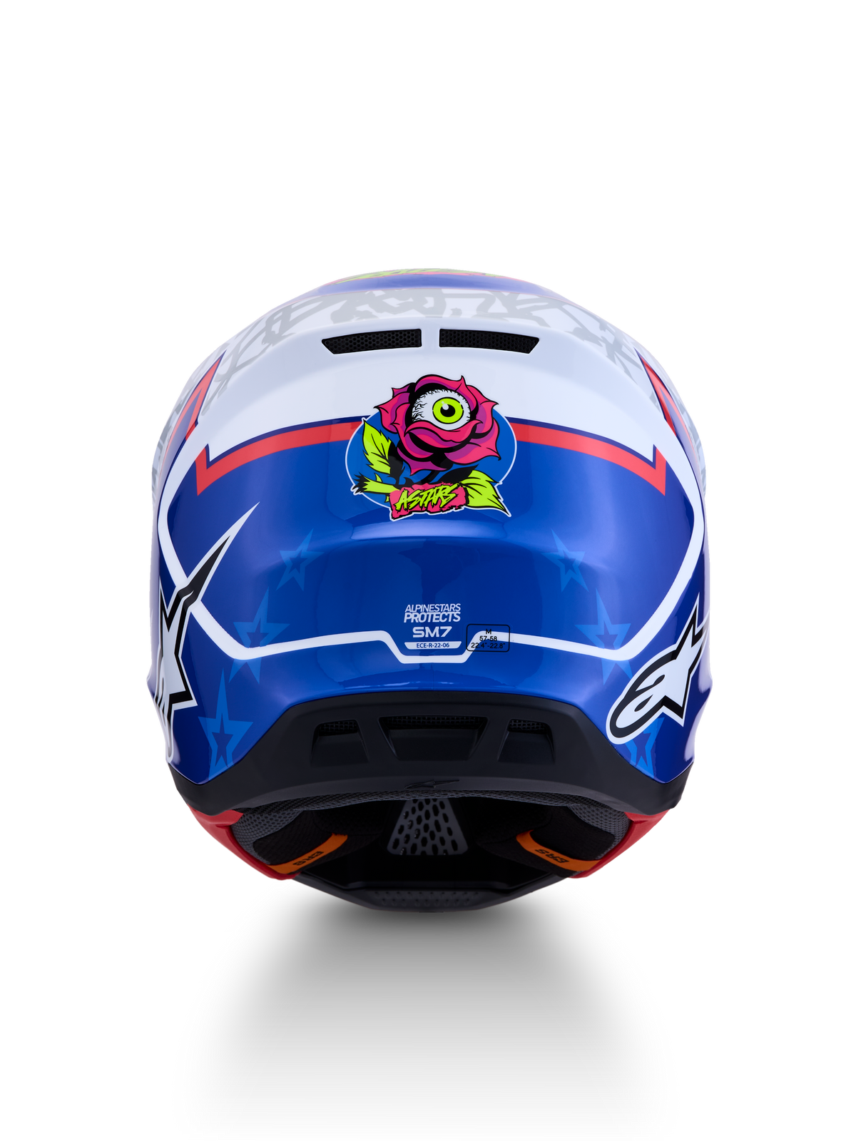 Alpinestars S-M7 Blaster ECE06, capacete de motocross azul e branco, vista traseira com gráfico de rosa e certificação ECE.