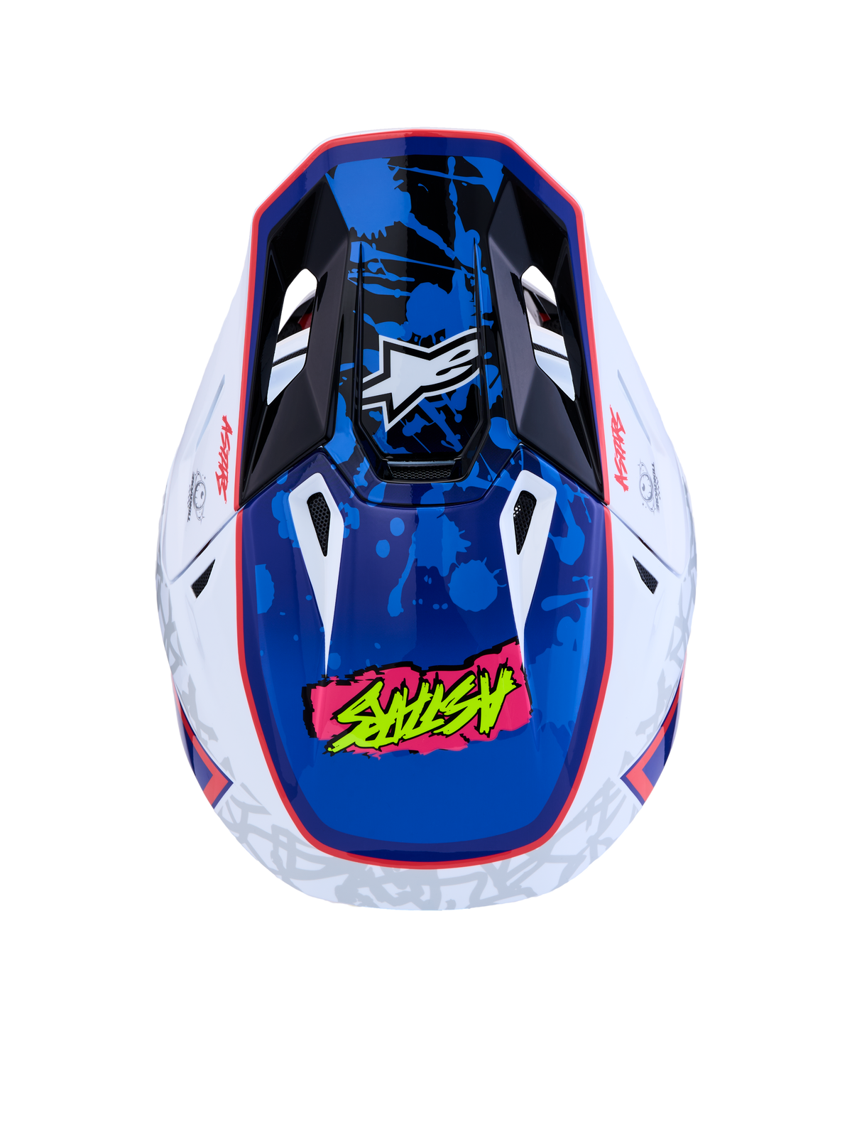 Alpinestars S-M7 Blaster, capacete de motocross em branco e azul brilhante com gráficos de salpicos, vista superior, ECE 22.06