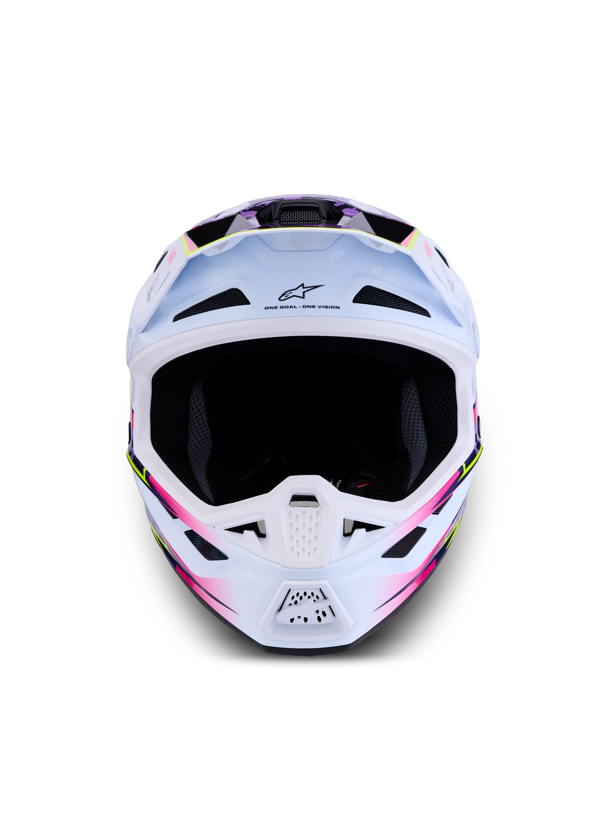 Alpinestars S-M7 Blaster Helmet ECE06, white motocross helmet with purple and pink glossy graphics for off-road racing.