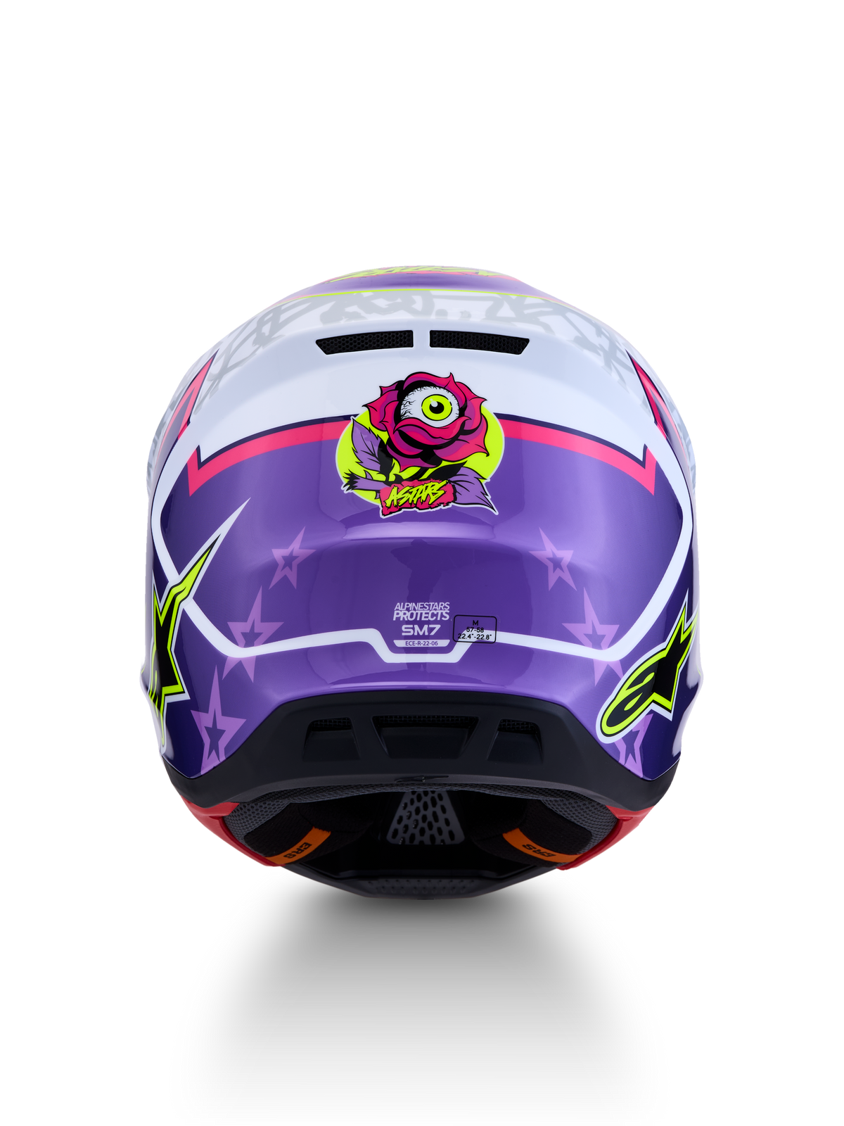 Alpinestars S-M7 Blaster Helmet ECE06, purple and pink glossy motocross helmet with rear rose graphic and star motifs.