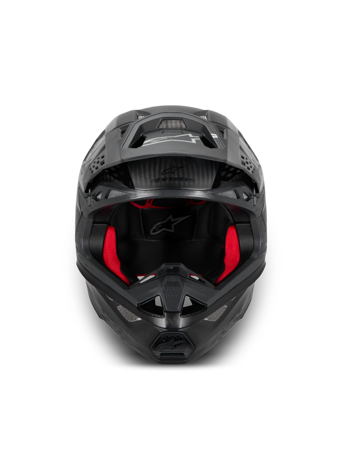Alpinestars Supertech M10 Fame, capacete de motocross em carbono preto e vermelho, certificado ECE 22.06, construção em fibra de carbono 3K com sistema de ventilação.