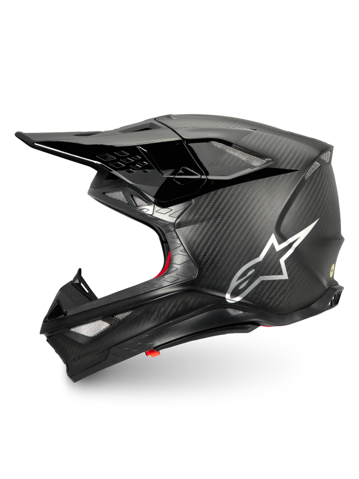 Alpinestars Supertech M10 Fame, capacete de motocross em carbono preto com acabamento mate e brilhante, logótipo lateral prateado, certificado ECE 22.06.