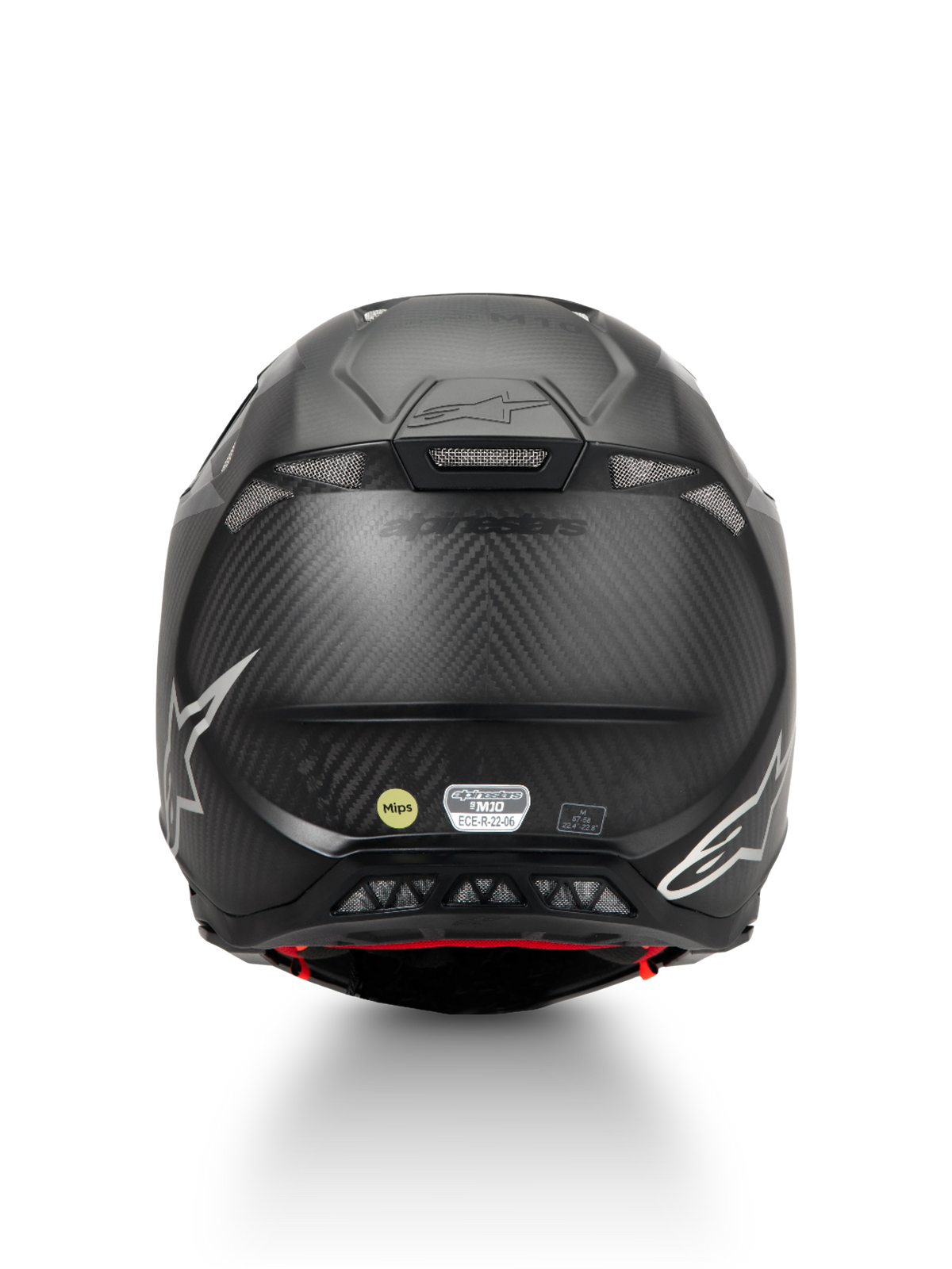 Alpinestars Supertech M10 Fame, capacete de motocross em fibra de carbono preto mate, vista traseira, ECE 22.06 e MIPS.