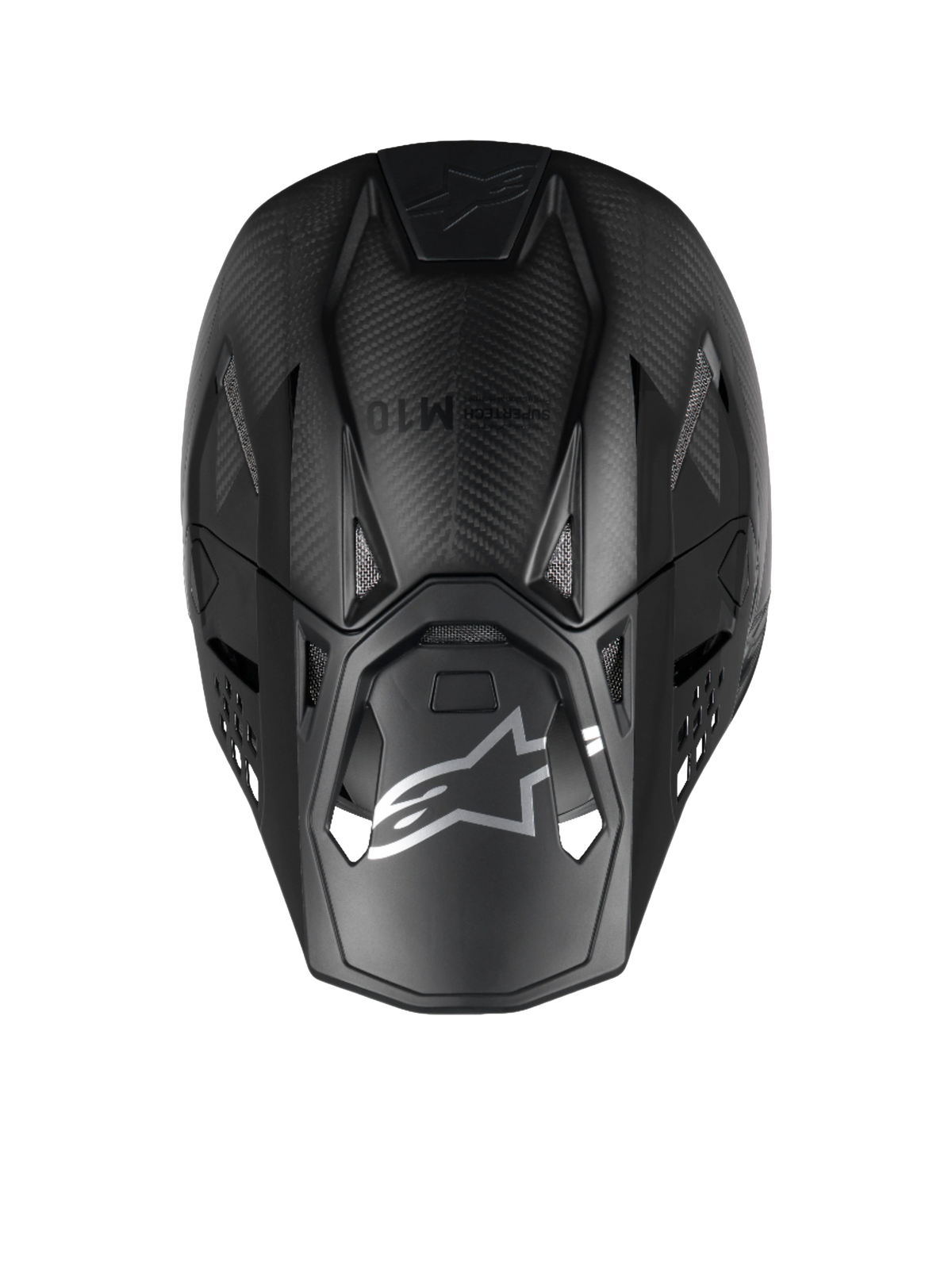 Capacete Alpinestars Supertech M10 Fame, motocross, vista superior em fibra de carbono 3K preto mate e brilhante.