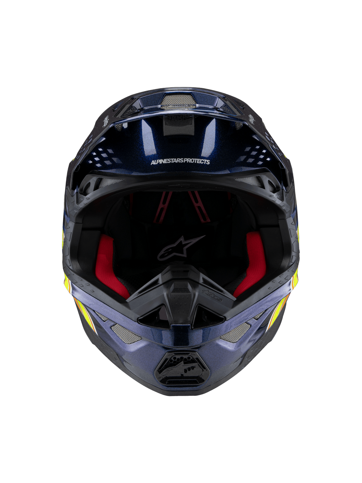 Capacete Alpinestars Supertech M10 TLD Edition 25, capacete de motocross, azul escuro metálico brilhante com forro interior vermelho, vista frontal mostrando malha de ventilação e grafismos laterais em amarelo e laranja, proteção premium para competição off-road