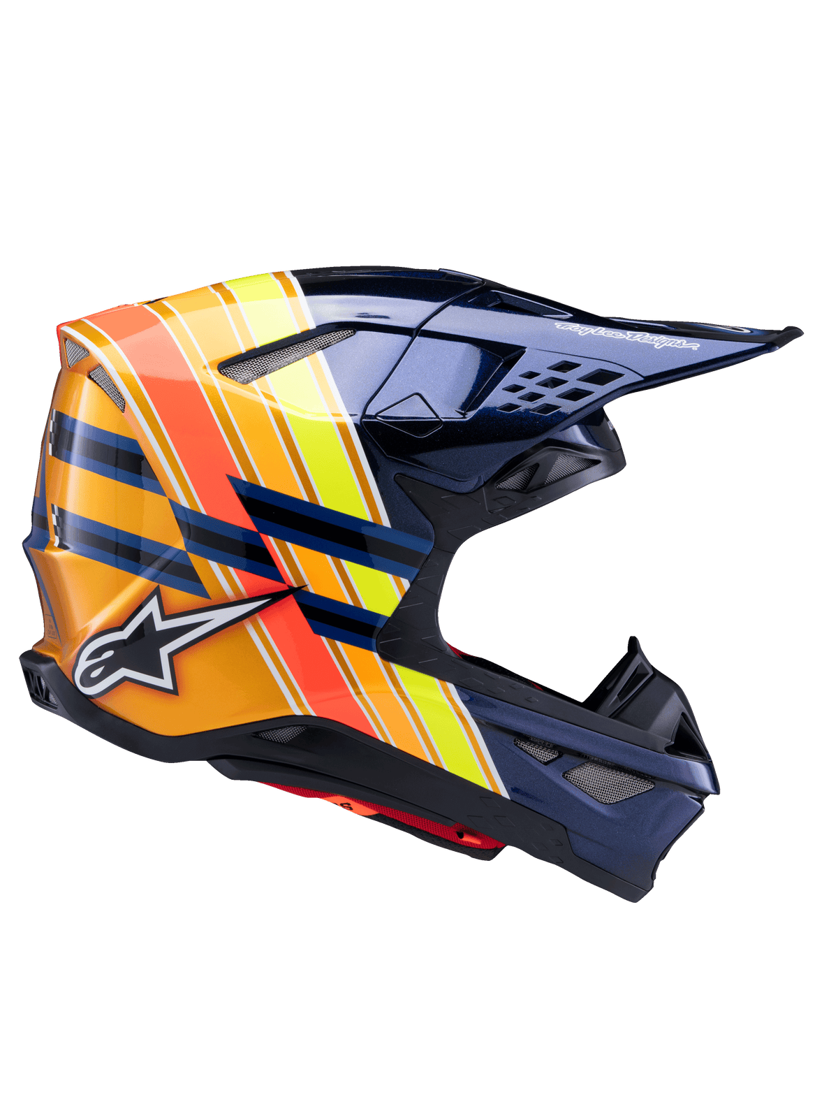 Capacete Alpinestars Supertech M10 TLD Edition 25, capacete de motocross, azul escuro metálico com riscas vibrantes em laranja, amarelo e vermelho, vista de perfil lateral, acabamento brilhante com logótipos Alpinestars e Troy Lee Designs, calota aerodinâmica com múltiplas aberturas de ventilação em malha para competição off-road