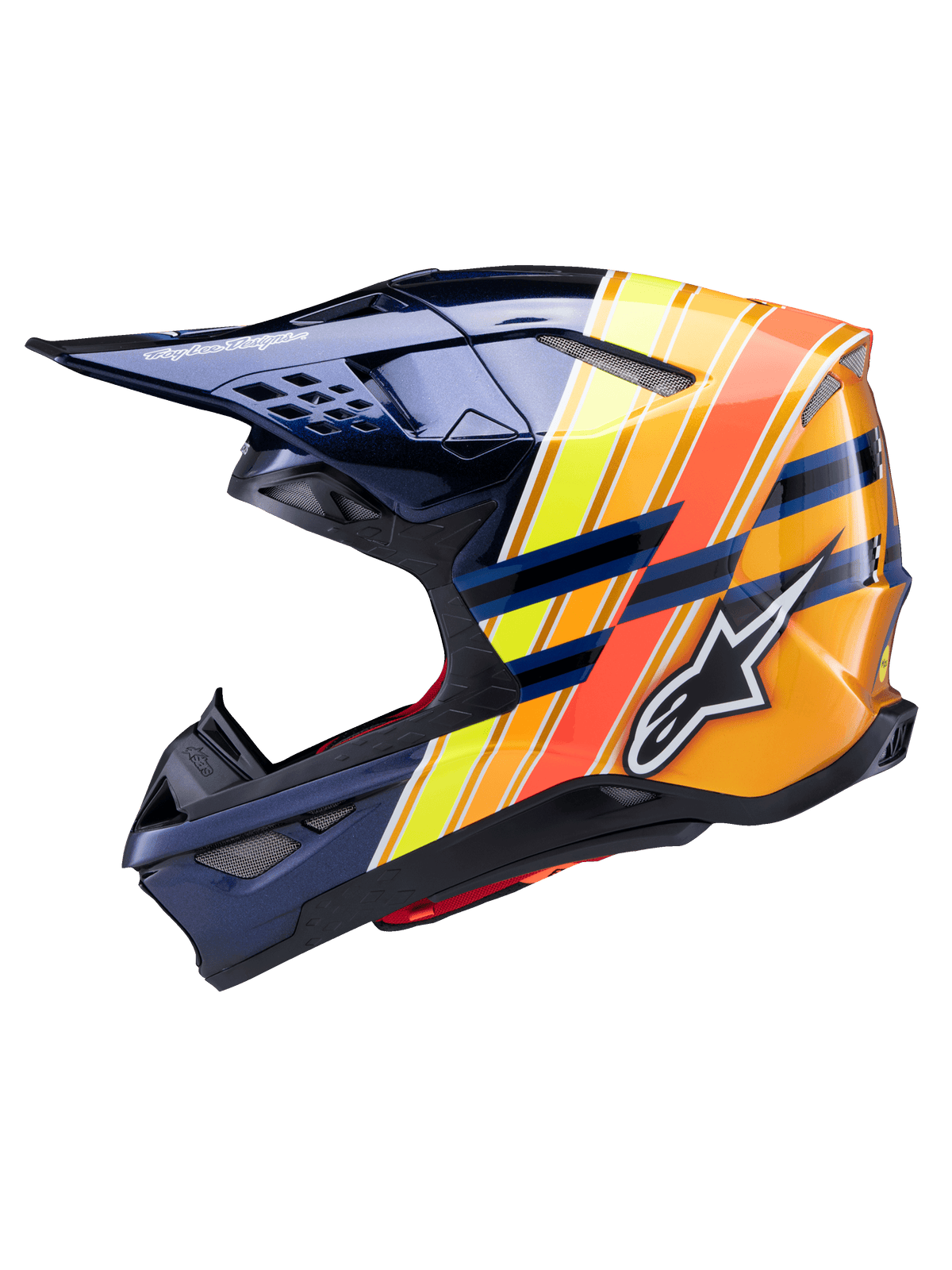 Capacete Alpinestars Supertech M10 TLD Edition 25, perfil lateral, azul escuro brilhante com riscas gráficas em laranja vibrante, amarelo e vermelho fluorescente, com o logótipo Alpinestars branco e a marca Troy Lee Designs, capacete de motocross avançado para desempenho off-road