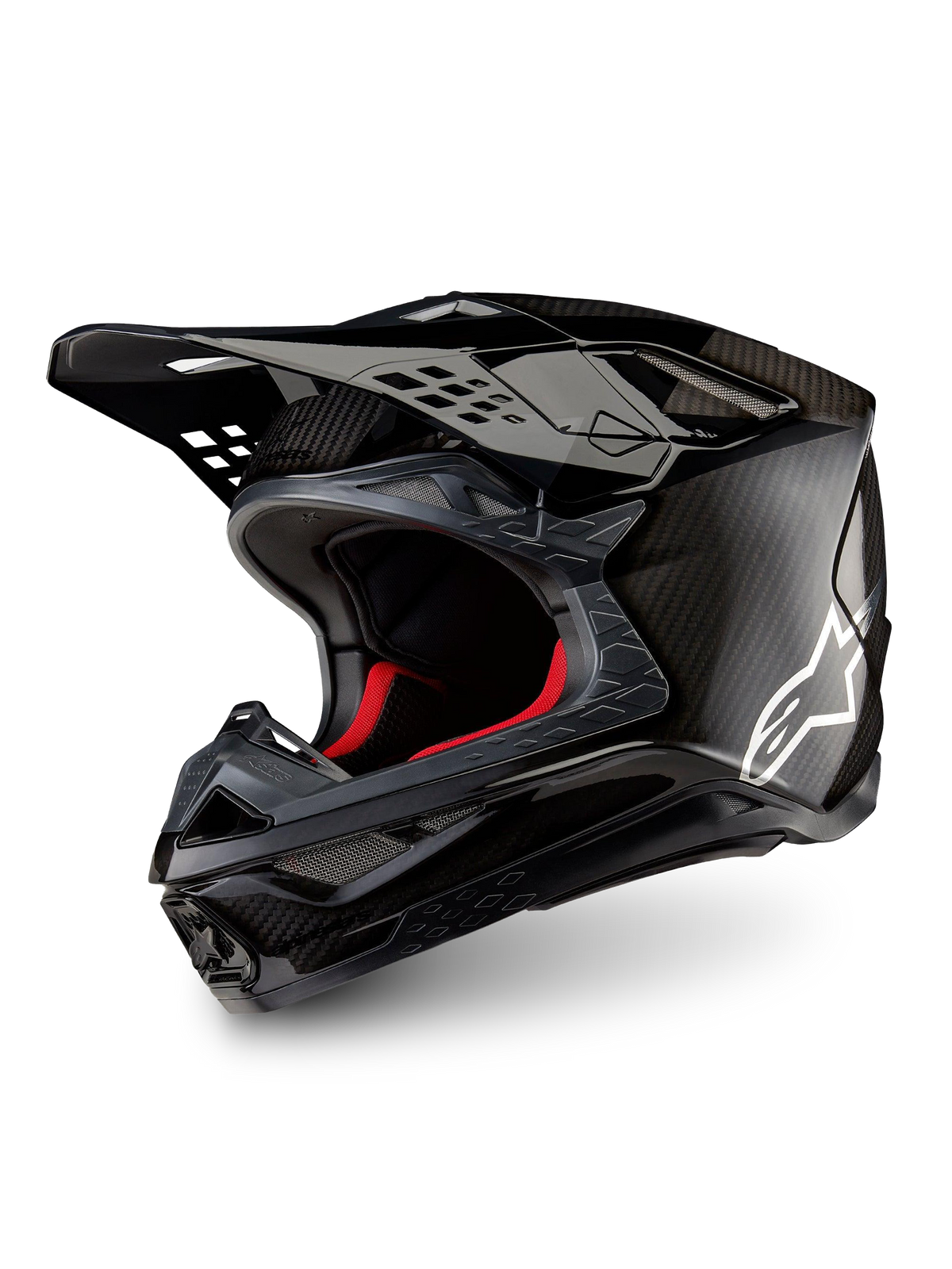 Alpinestars Supertech M10 Fame, capacete de motocross em carbono preto mate e brilhante com calota em fibra de carbono 3K.