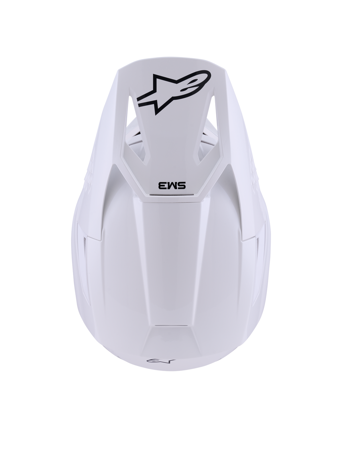 Alpinestars S-M3 Solid Helmet, White Glossy, Motocross Helmet, top-down view featuring black Alpinestars star logo and SM3 branding on the visor, sleek thermo-injected shell with a glossy finish, ECE 22.06 certified off-road protection