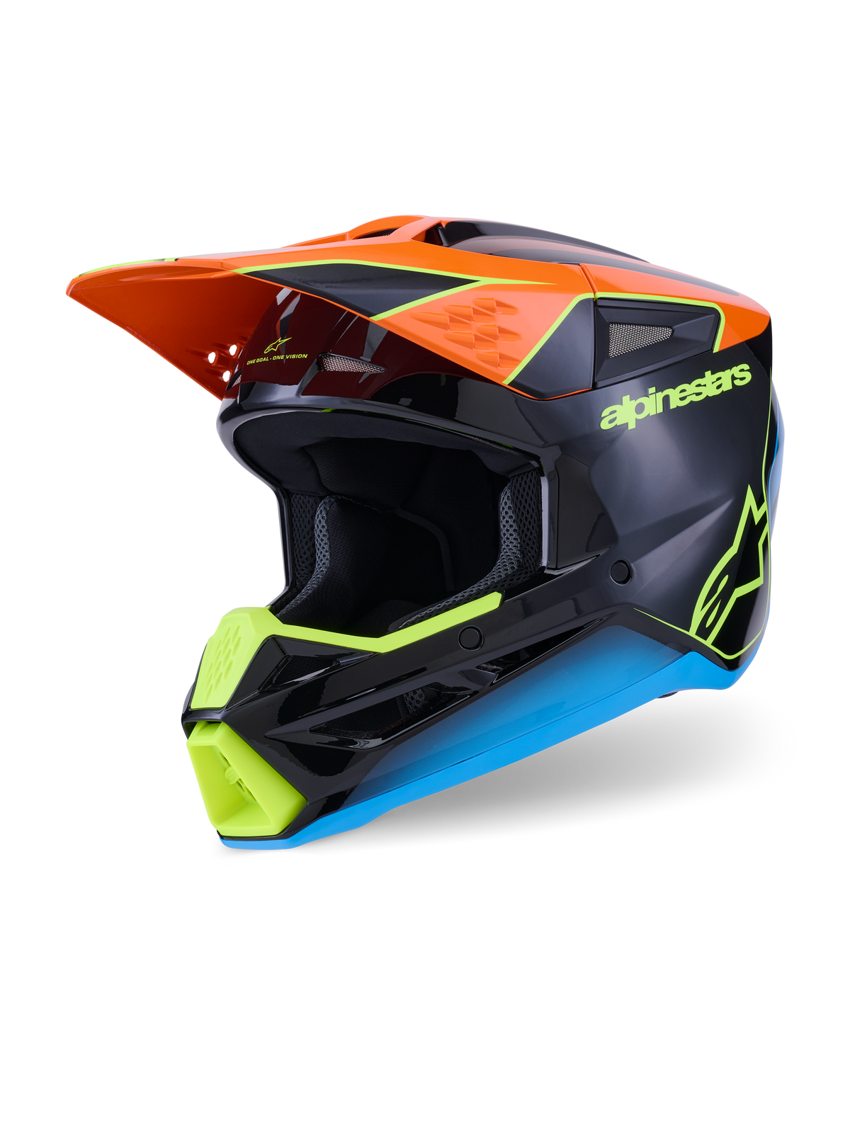 Capacete Alpinestars S-M3 Fray, capacete de motocross, preto com detalhes em laranja, amarelo néon e azul, vista de três quartos mostrando o casco aerodinâmico termo-injetado e a viseira protetora para corridas todo-o-terreno