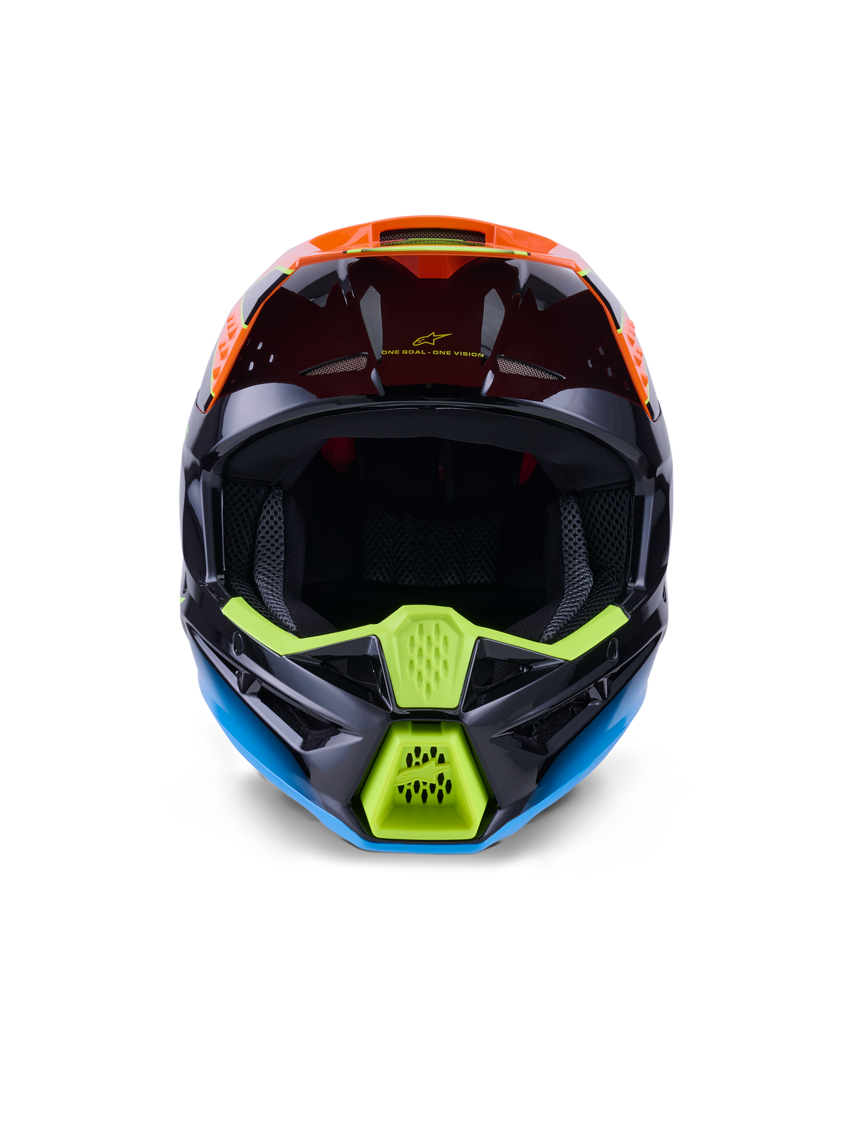 Capacete Alpinestars S-M3 Fray ECE 22.06, capacete de motocross, preto, laranja e amarelo néon, vista frontal destacando o design agressivo da queixeira com aberturas em malha, abertura ampla para óculos e perfil aerodinâmico elegante para corridas todo-o-terreno.