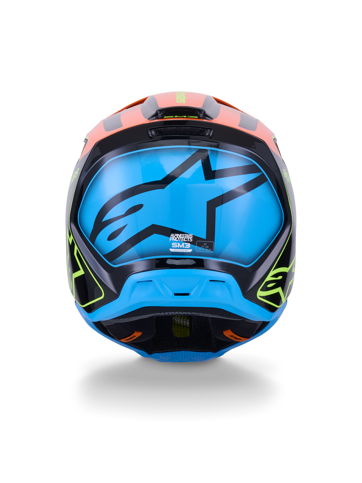 Capacete Alpinestars S-M3 Fray ECE 22.06, capacete de motocross, vista traseira, preto com detalhes vibrantes em laranja e amarelo néon, painel azul grande com o logótipo da estrela Alpinestars em preto, proteção para corridas todo-o-terreno
