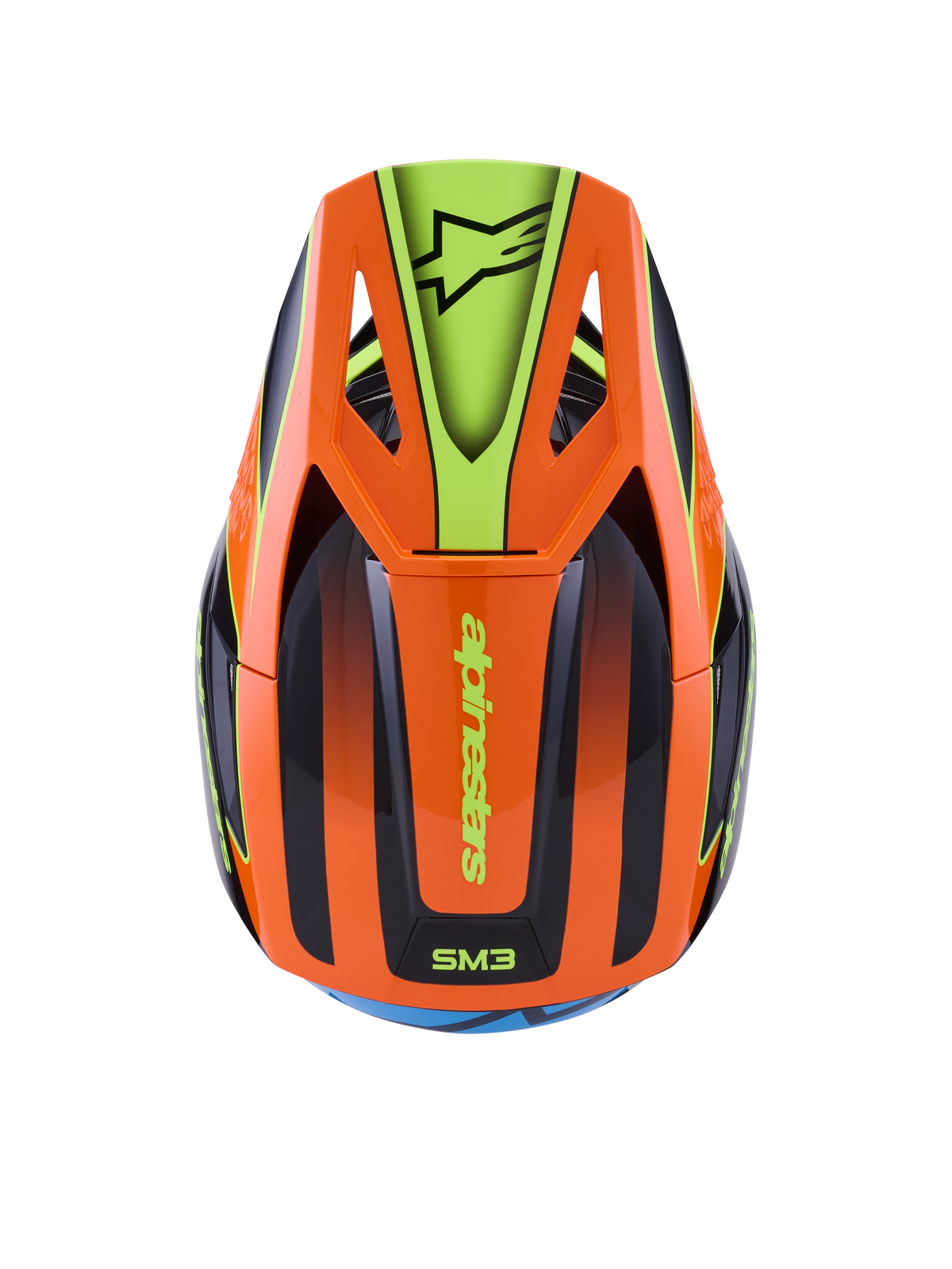 Capacete Alpinestars S-M3 Fray, capacete de motocross, laranja e amarelo fluorescente com detalhes em preto, vista superior mostrando a calote aerodinâmica e a viseira com o logótipo Alpinestars, design gráfico vibrante para condução todo-o-terreno