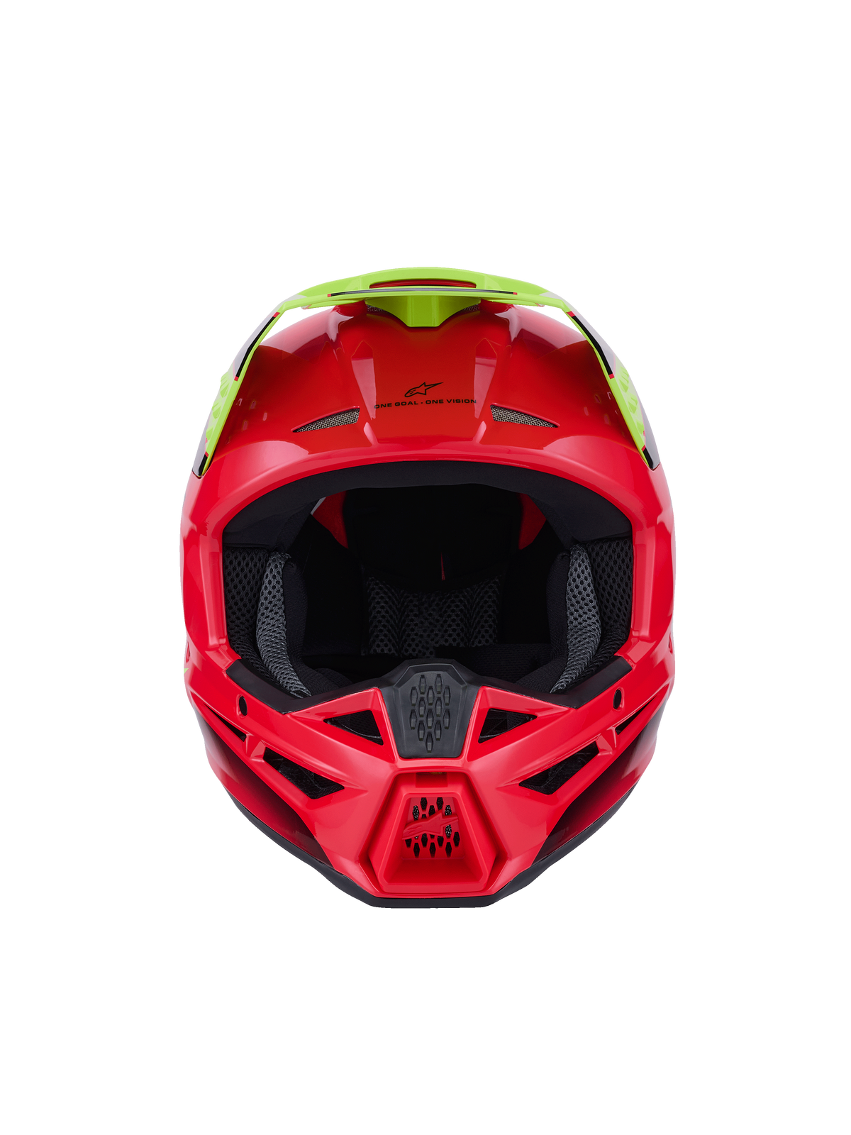 Capacete Alpinestars S-M3 Fray ECE 22.06, capacete de motocross, vermelho e amarelo fluo, vista frontal com acabamento brilhante, com múltiplas entradas de ventilação e uma viseira proeminente, equipamento de proteção de alta performance para condução todo-o-terreno