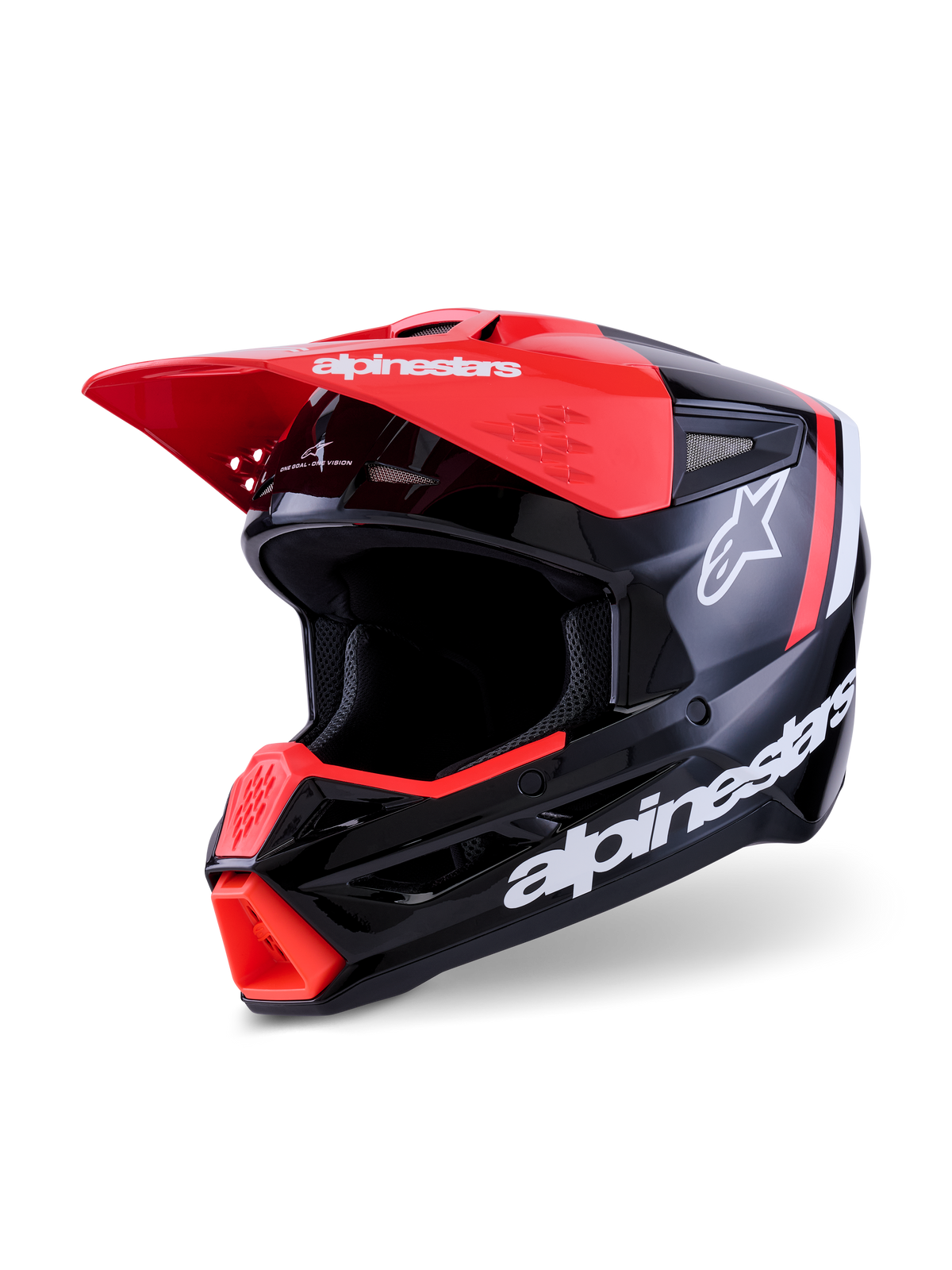 Capacete Alpinestars S-M3 Radium, capacete de motocross, preto, vermelho flúor e branco brilhante, acabamento de alto brilho com marca Alpinestars e logótipo de estrela em branco destacados, com pala e ventilação de queixeira em vermelho vibrante, concebido para proteção em todo-o-terreno