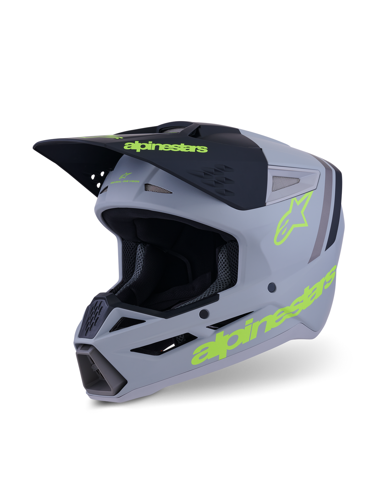 Alpinestars S-M3 Radium Helmet, capacete de motocross e enduro, cinzento, preto e amarelo néon fluo mate, vista em três quartos apresentando o design agressivo da calota, entradas de ar ventiladas e logótipos amarelos em destaque