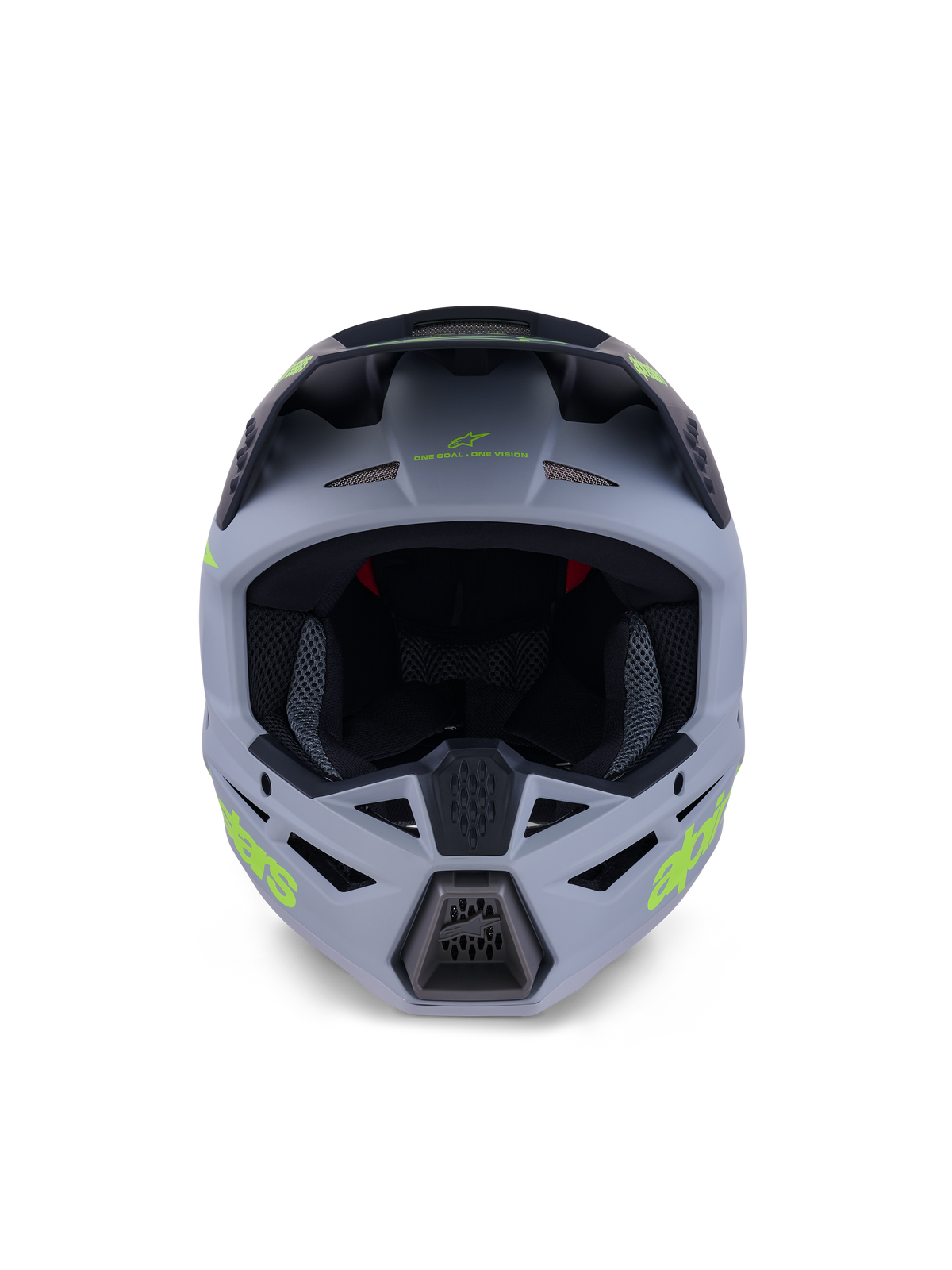 Capacete Alpinestars S-M3 Radium, capacete de motocross integral, verde mate e preto com logótipos em amarelo néon, vista frontal destacando as aberturas de ventilação no queixo e na testa com uma ampla abertura frontal, equipamento de proteção profissional para todo-o-terreno