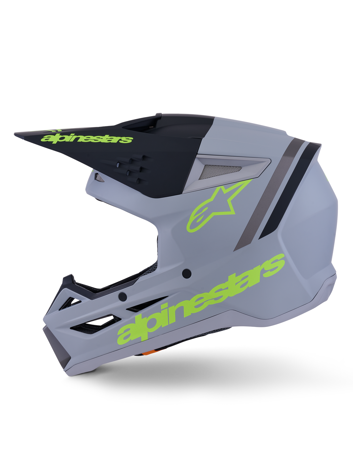 Alpinestars S-M3 Radium, capacete de motocross, verde, preto e amarelo néon mate, calota termo-injetada com viseira integrada e aberturas de ventilação de alto fluxo, concebido para a prática de MX e Enduro